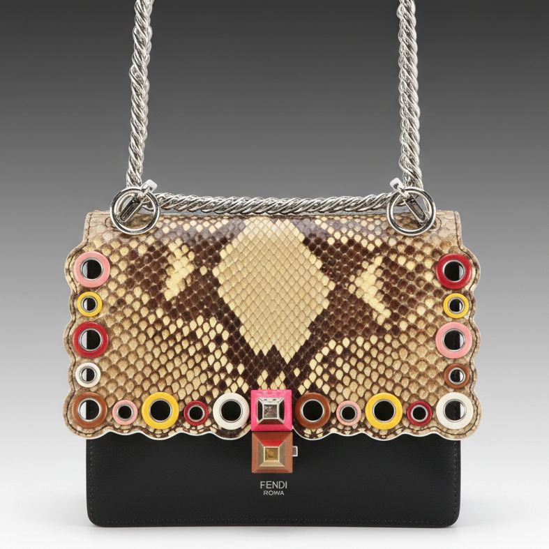 Fendi Kan I Chain Shoulder Bag in Black Calfskin and Scalloped Snakeskin Flap