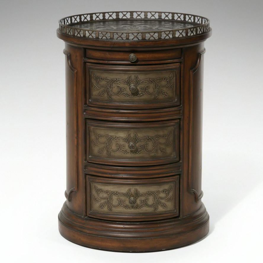 Regency Style Round Three-Drawer Commode with Fretwork Gallery
