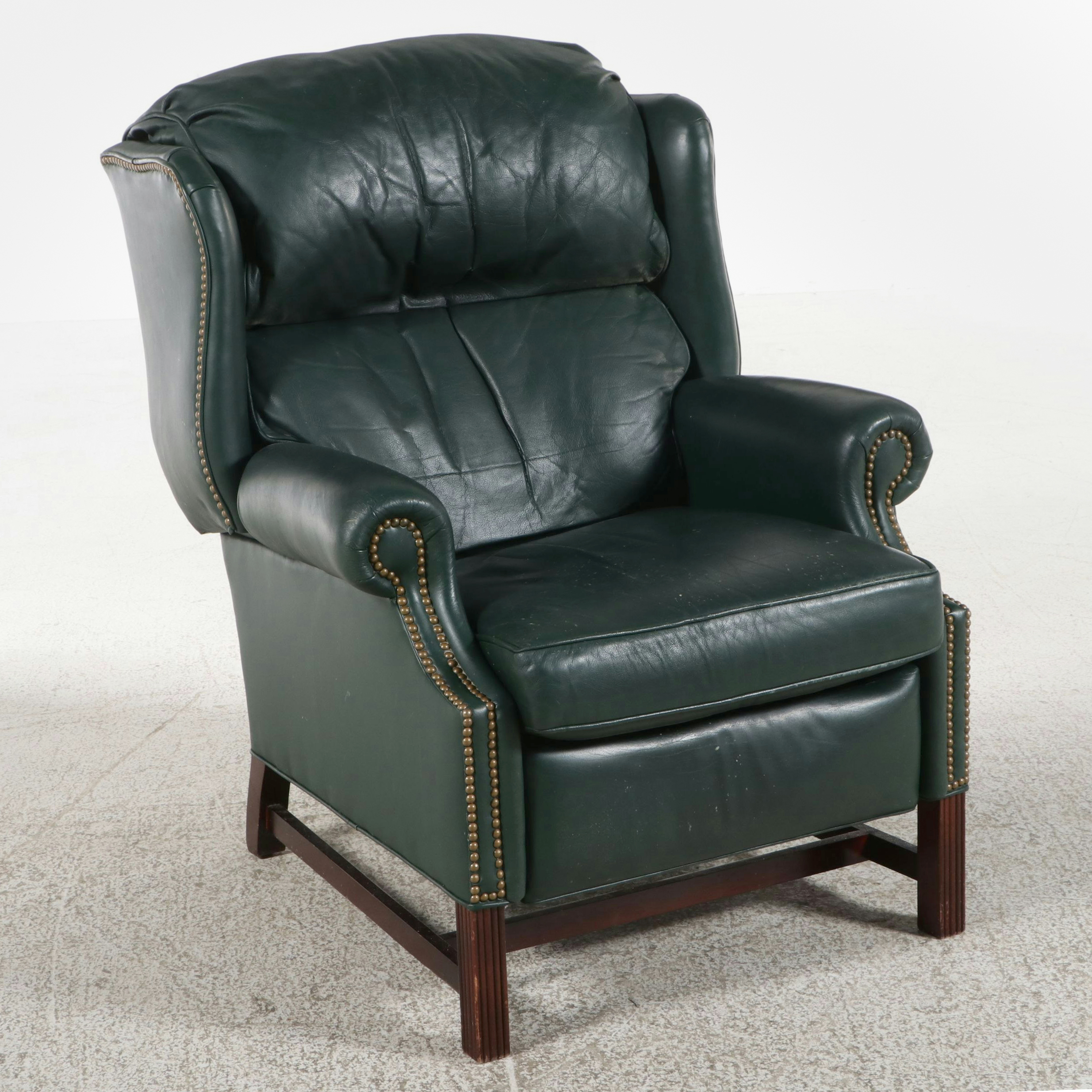Chippendale Style Green Leather Wingback Recliner, Late 20th Century