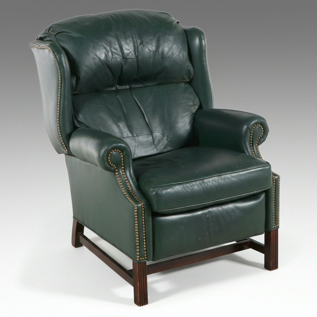 Chippendale Style Green Leather Wingback Recliner, Late 20th Century