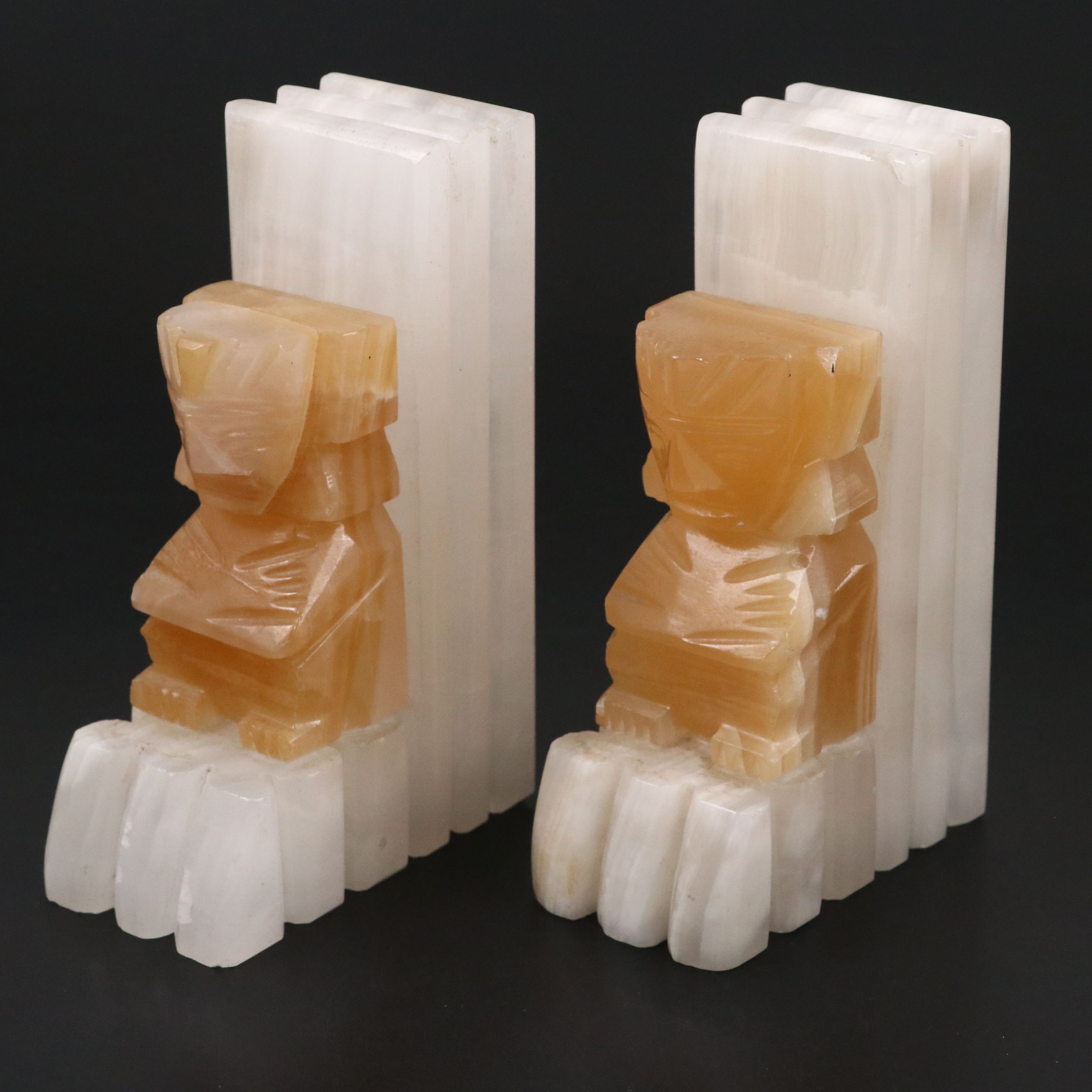 Pair of Aztec Style Carved Calcite Figural Bookends