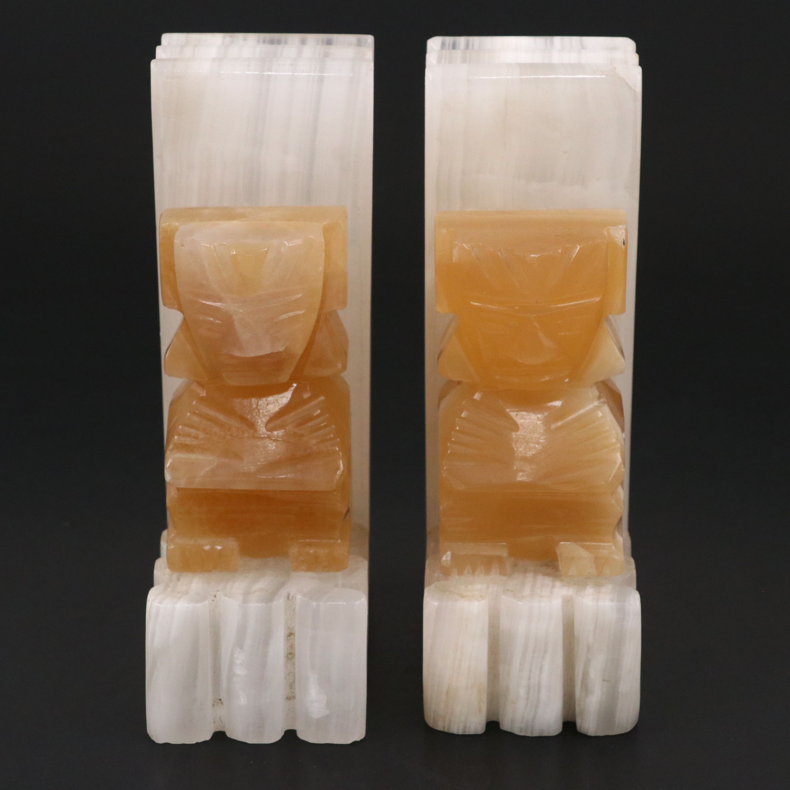 Pair of Aztec Style Carved Calcite Figural Bookends