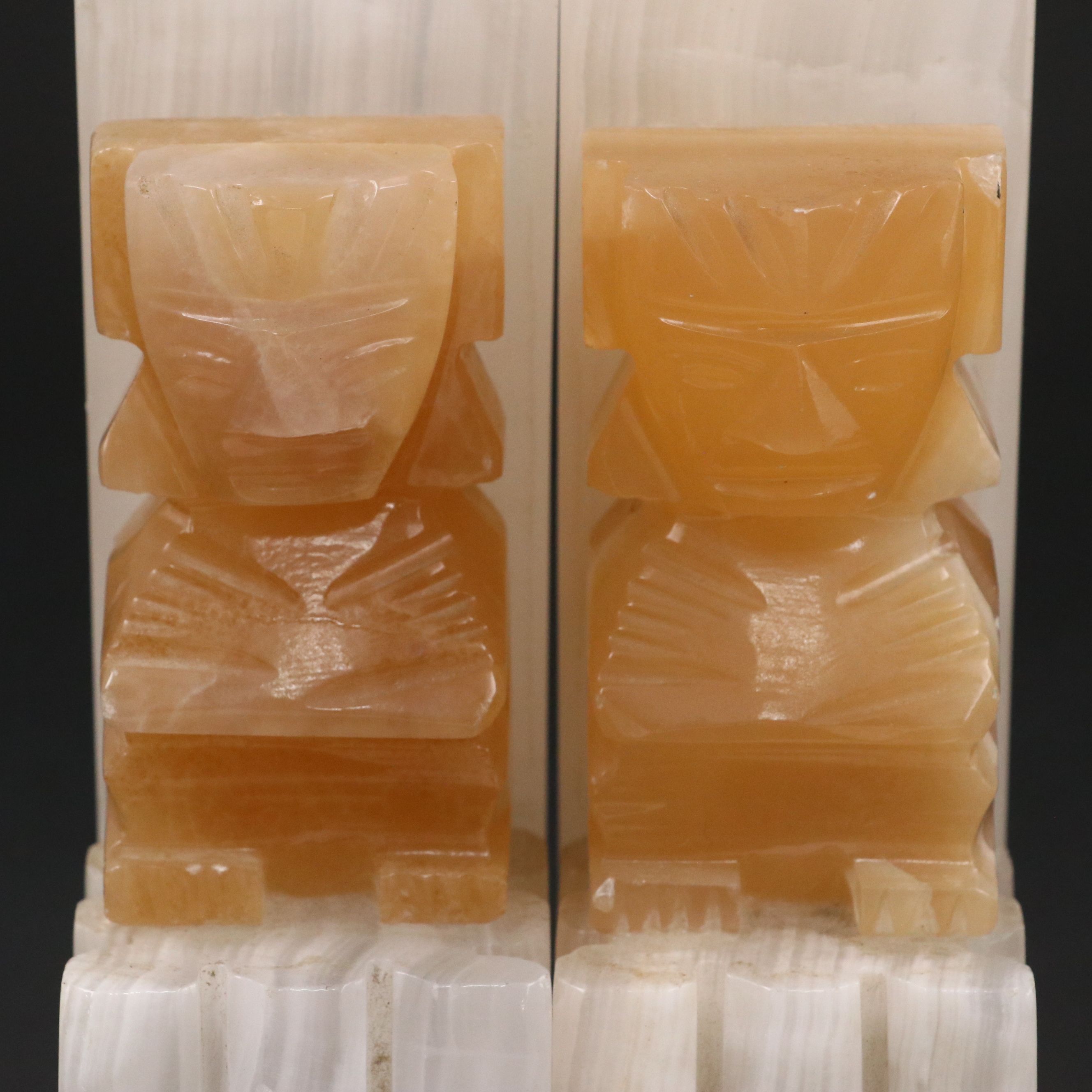 Pair of Aztec Style Carved Calcite Figural Bookends