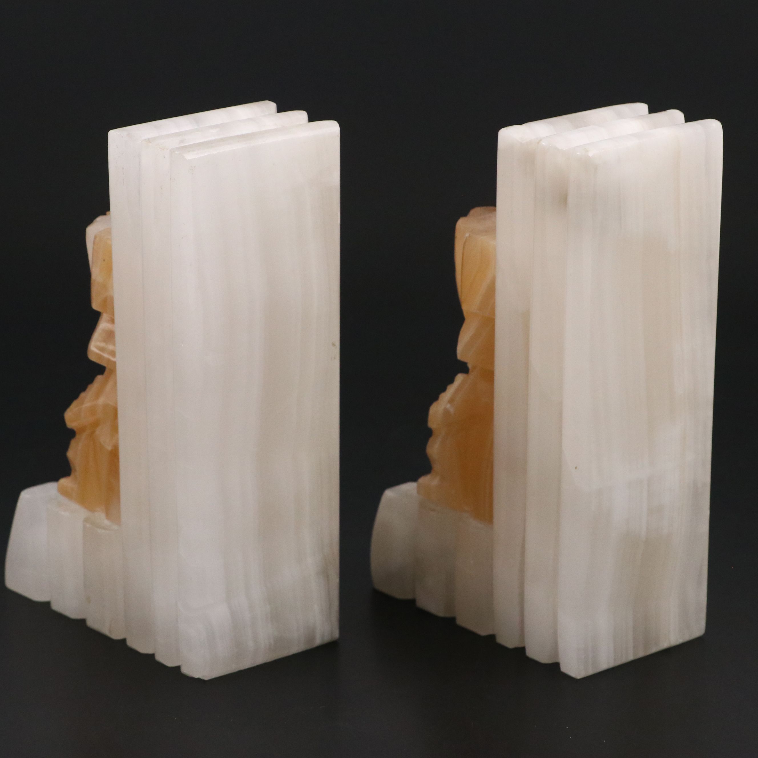 Pair of Aztec Style Carved Calcite Figural Bookends