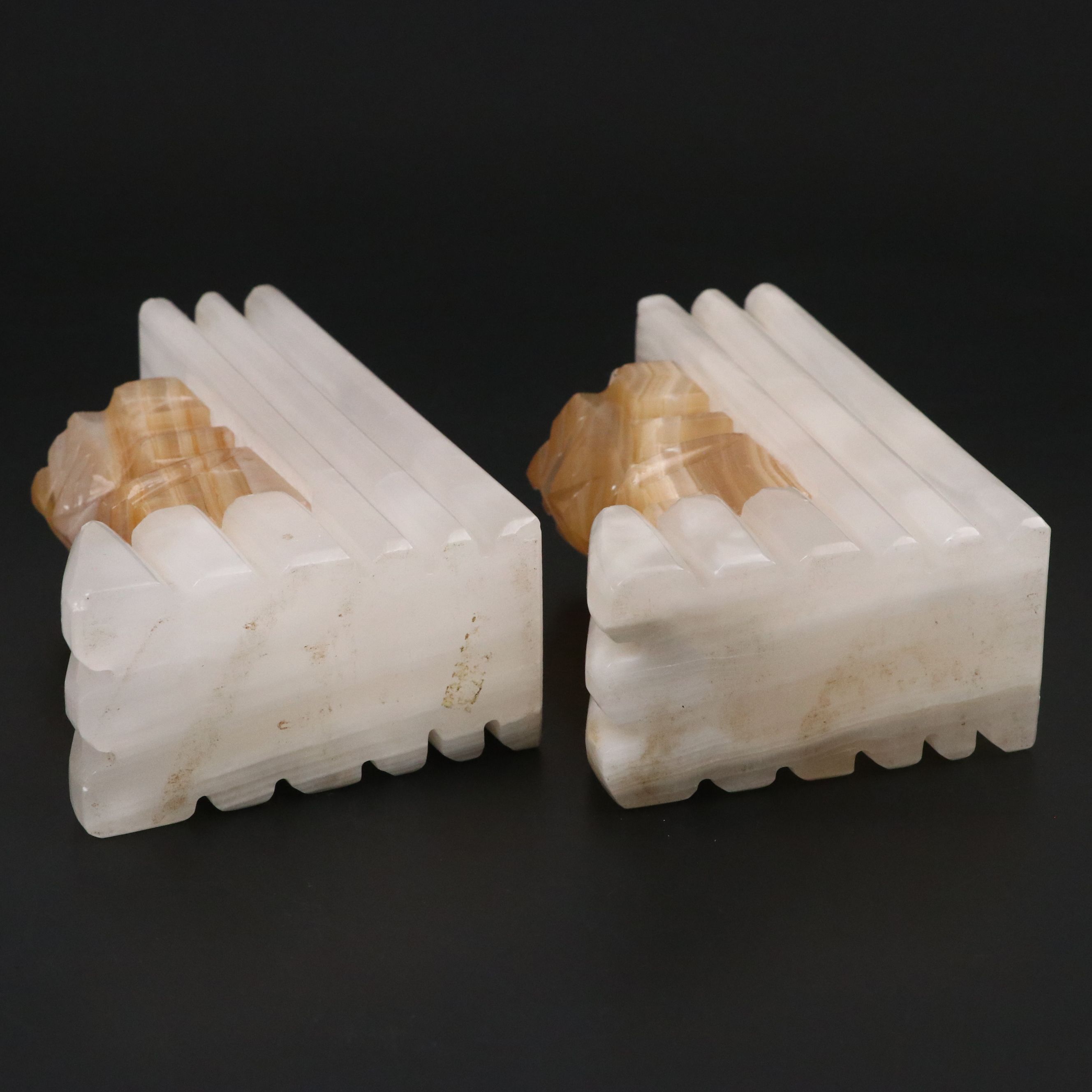 Pair of Aztec Style Carved Calcite Figural Bookends