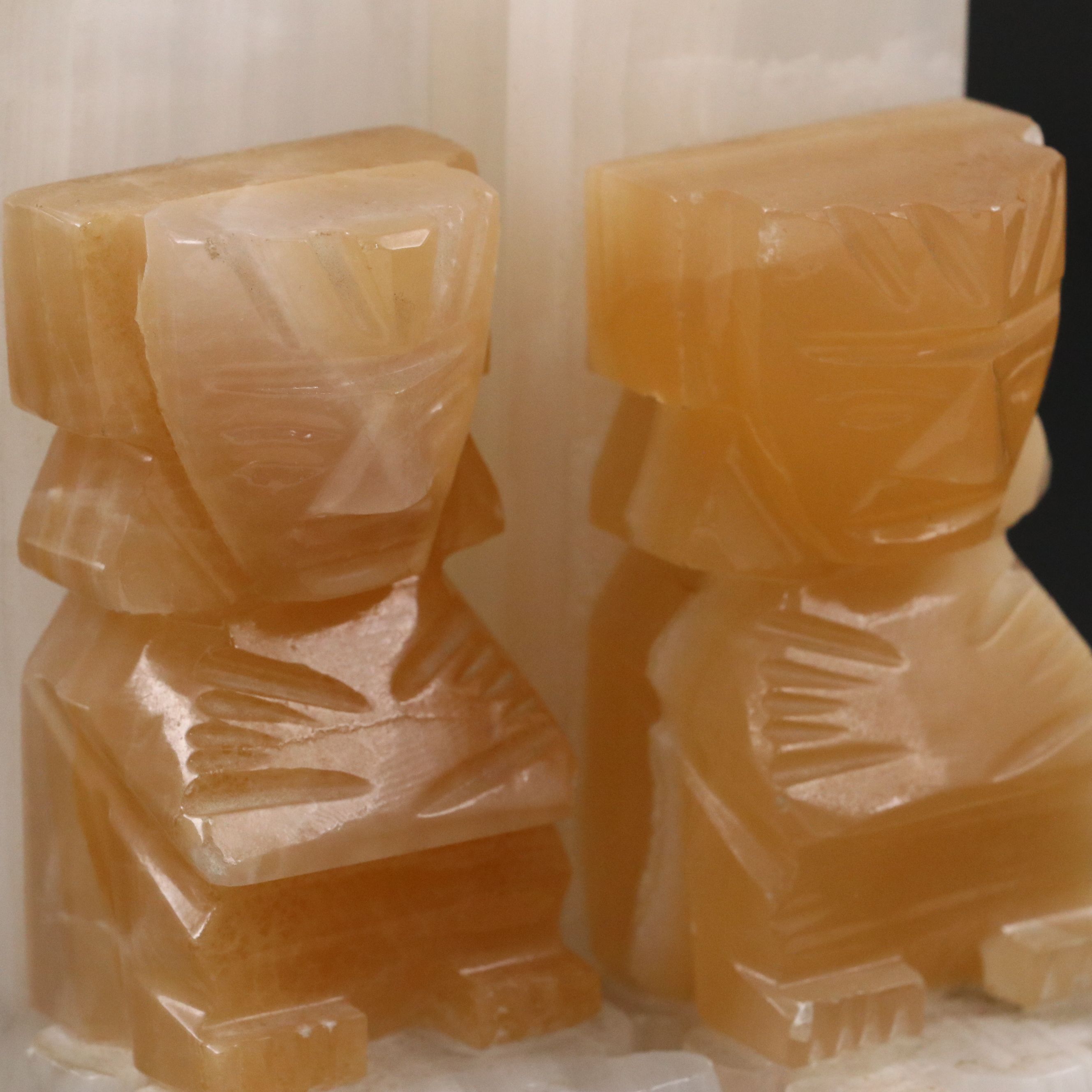 Pair of Aztec Style Carved Calcite Figural Bookends