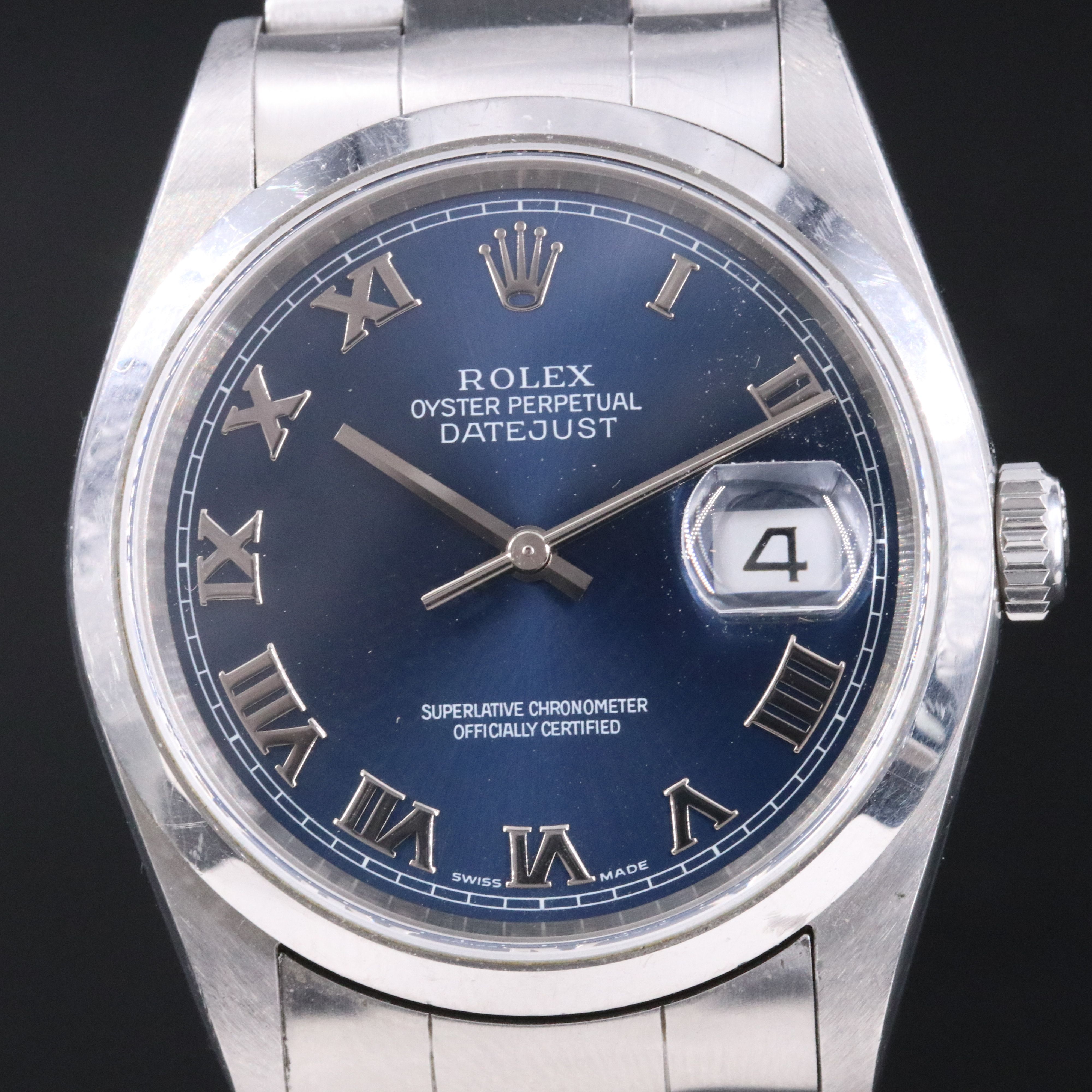 2004 Rolex Blue Dial Silver Roman Indices Datejust Watch