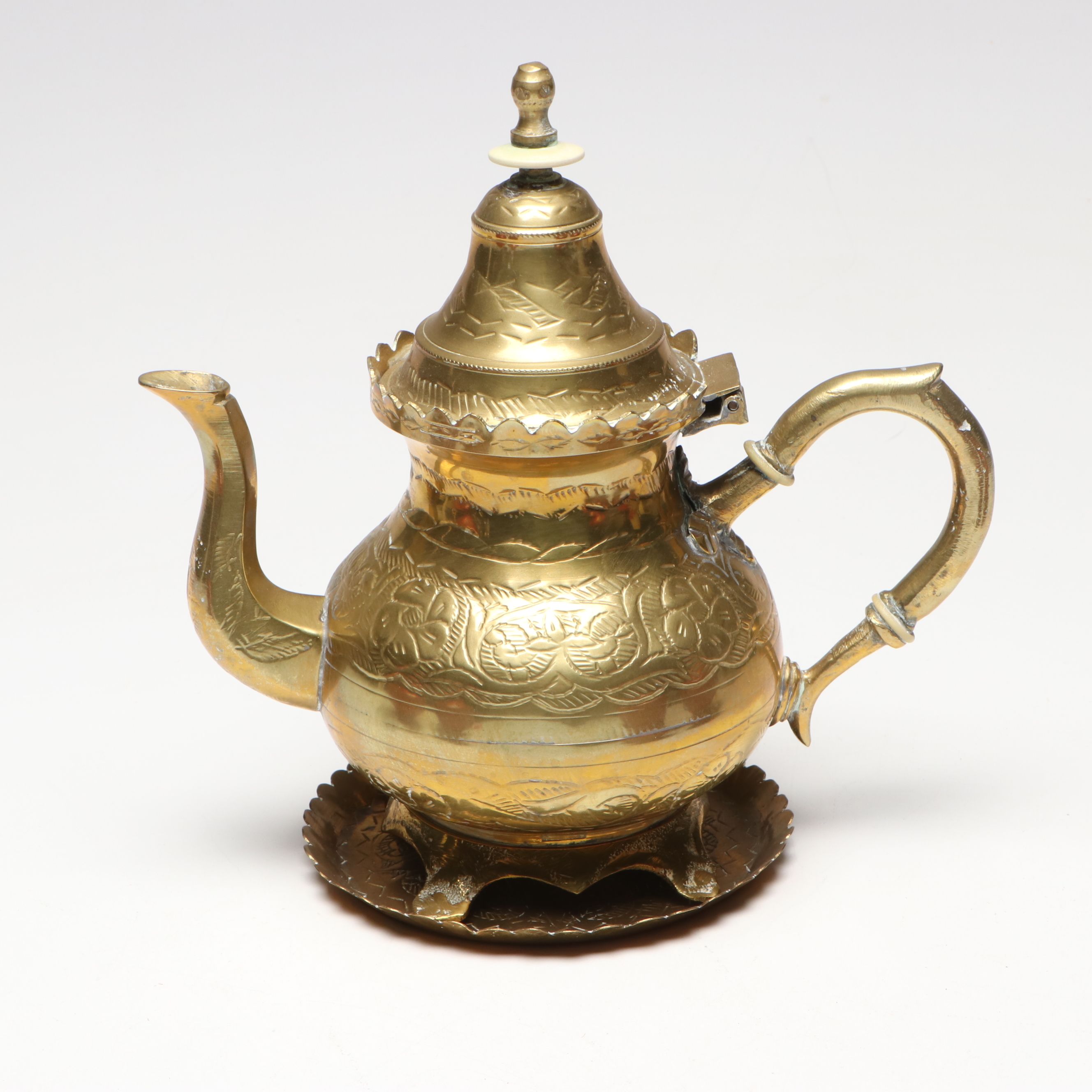 Chased Brass Teapot and Tray with Japanese Covered Soup Bowls