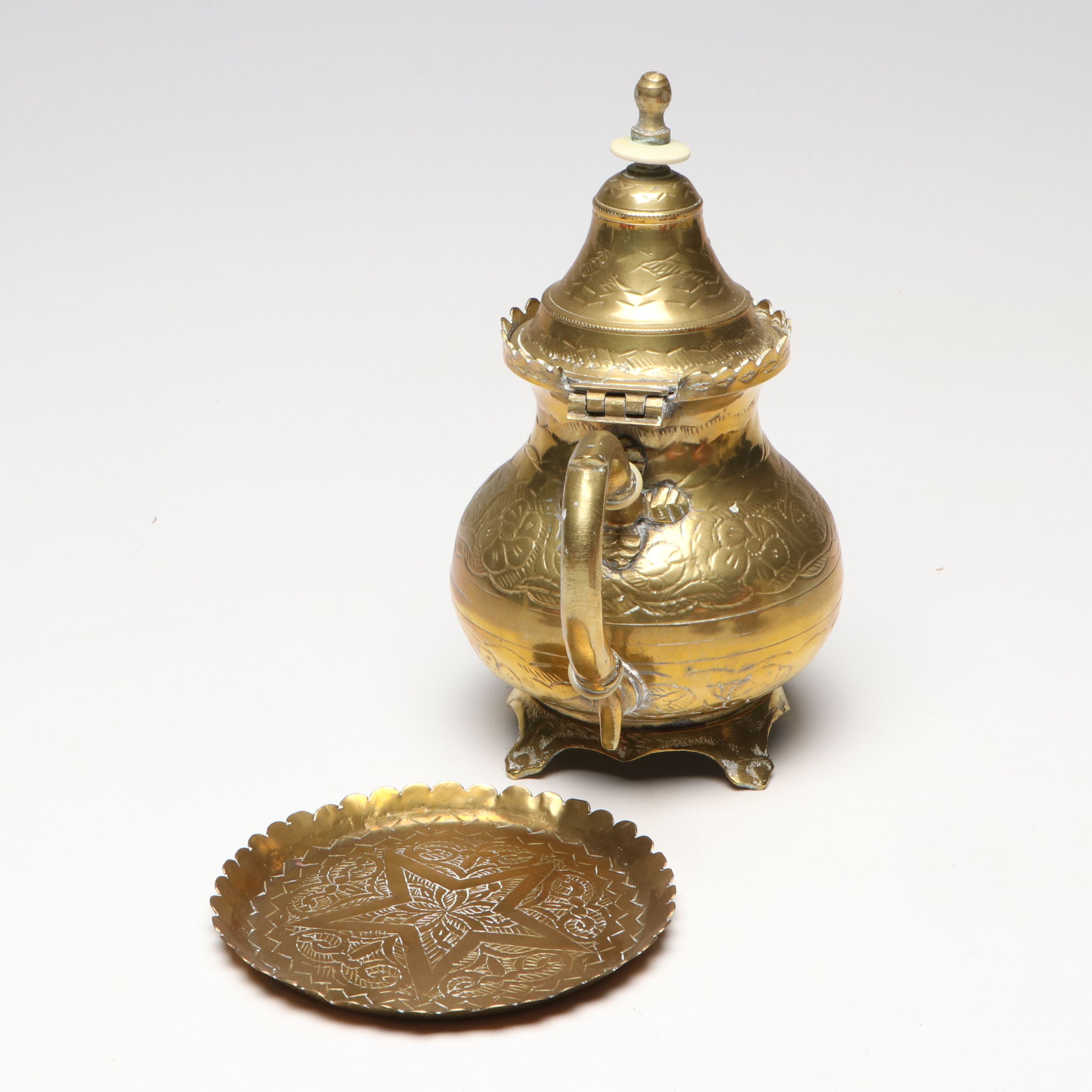 Chased Brass Teapot and Tray with Japanese Covered Soup Bowls
