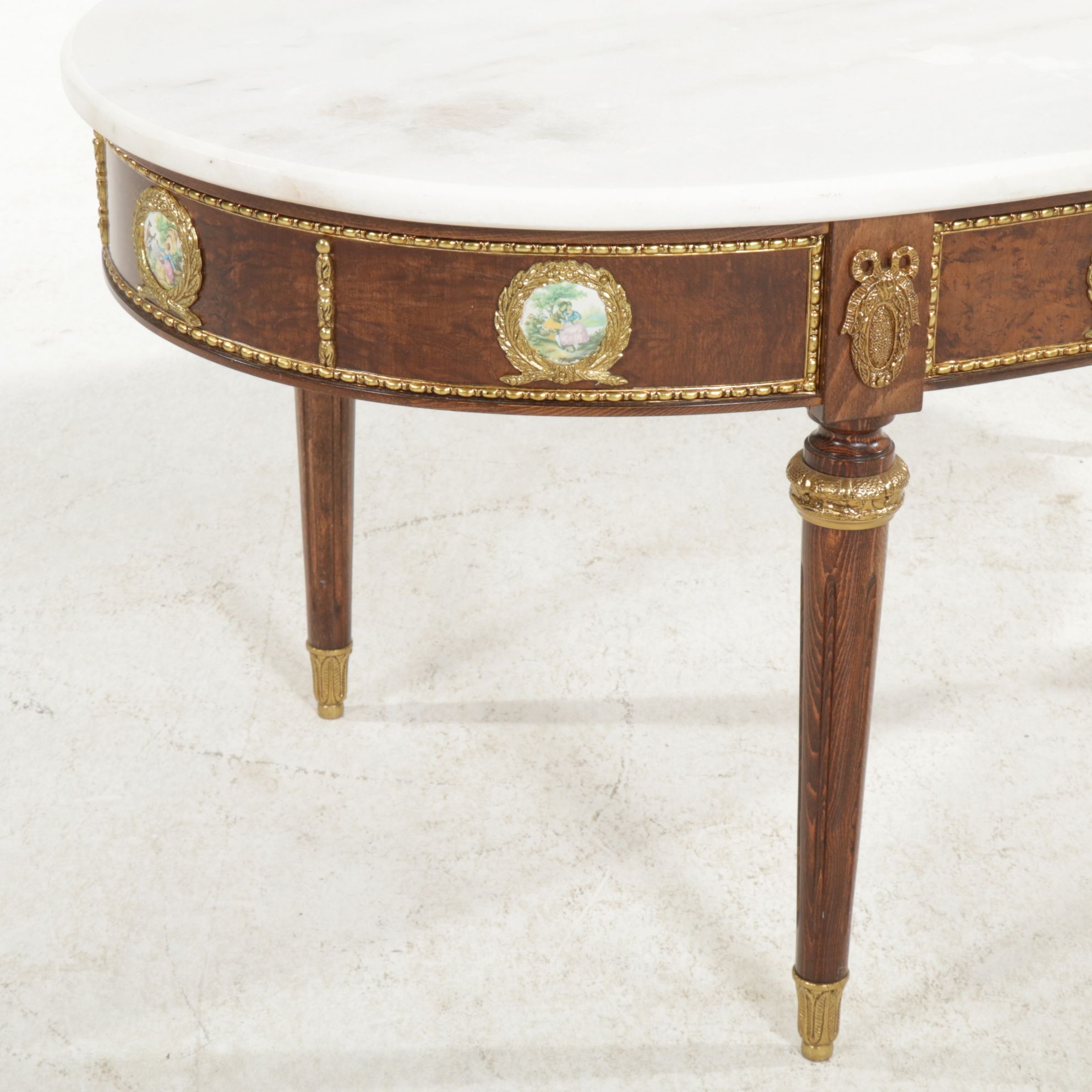 Spanish Louis XVI Style Marble Top Coffee Table with Porcelain Medallions