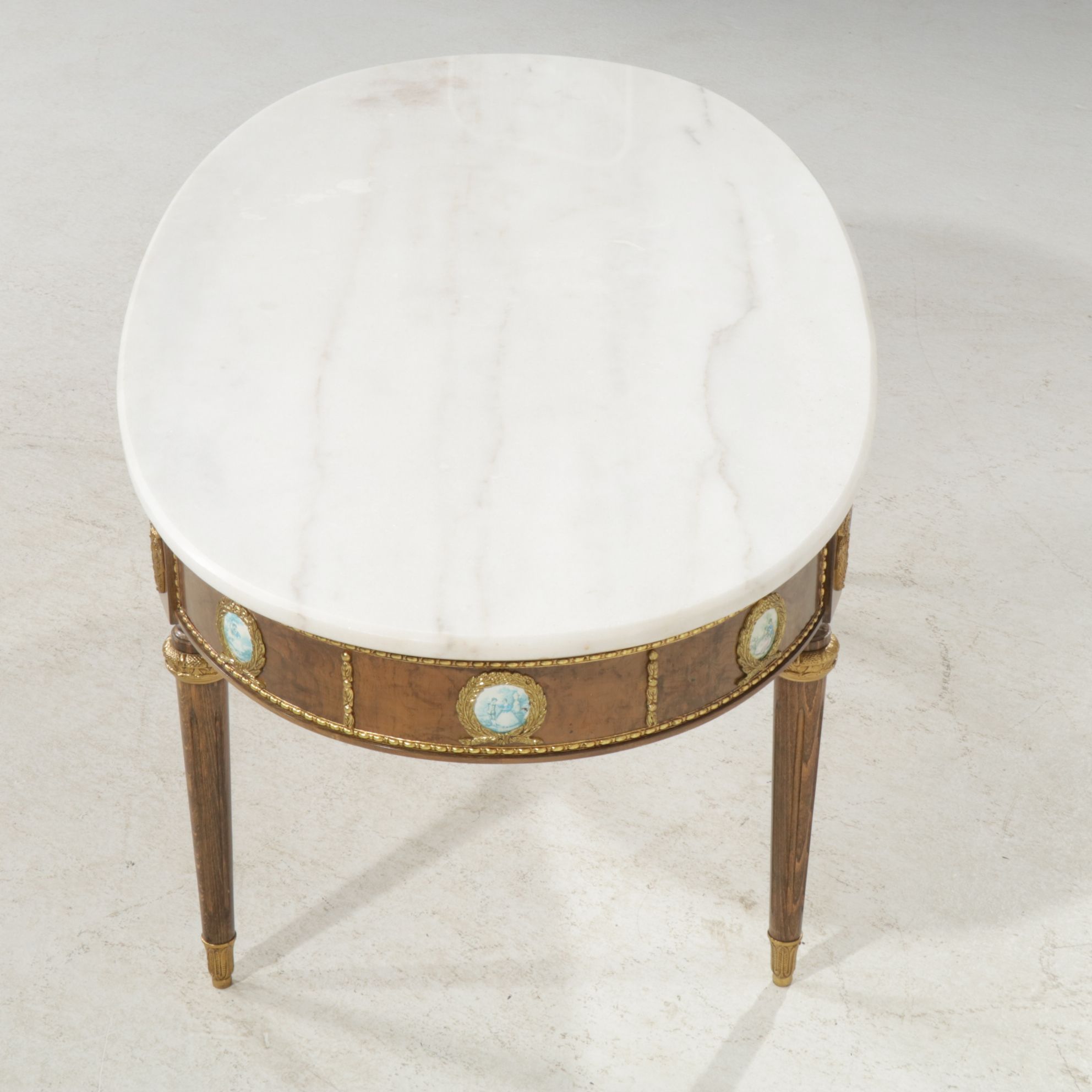 Spanish Louis XVI Style Marble Top Coffee Table with Porcelain Medallions