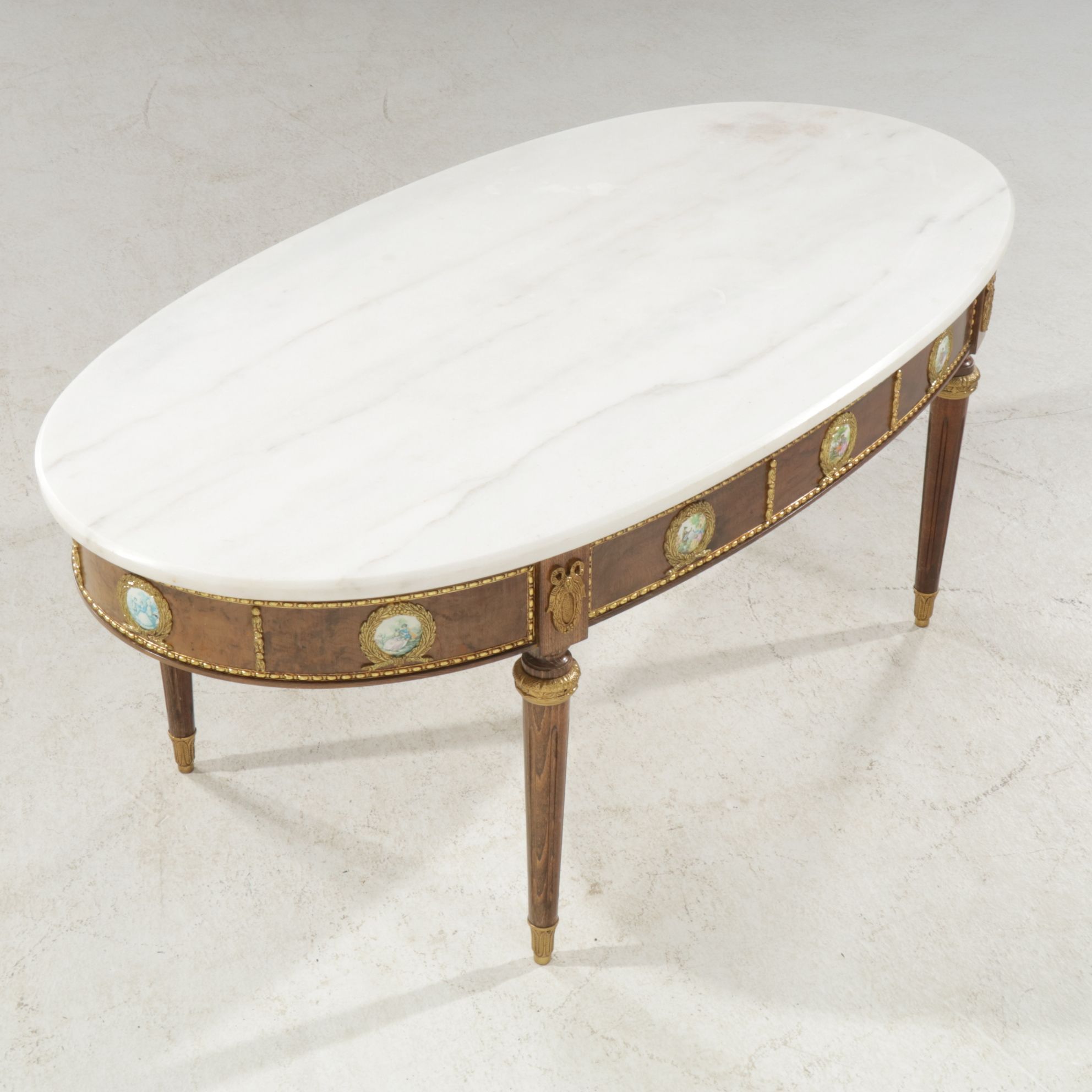 Spanish Louis XVI Style Marble Top Coffee Table with Porcelain Medallions