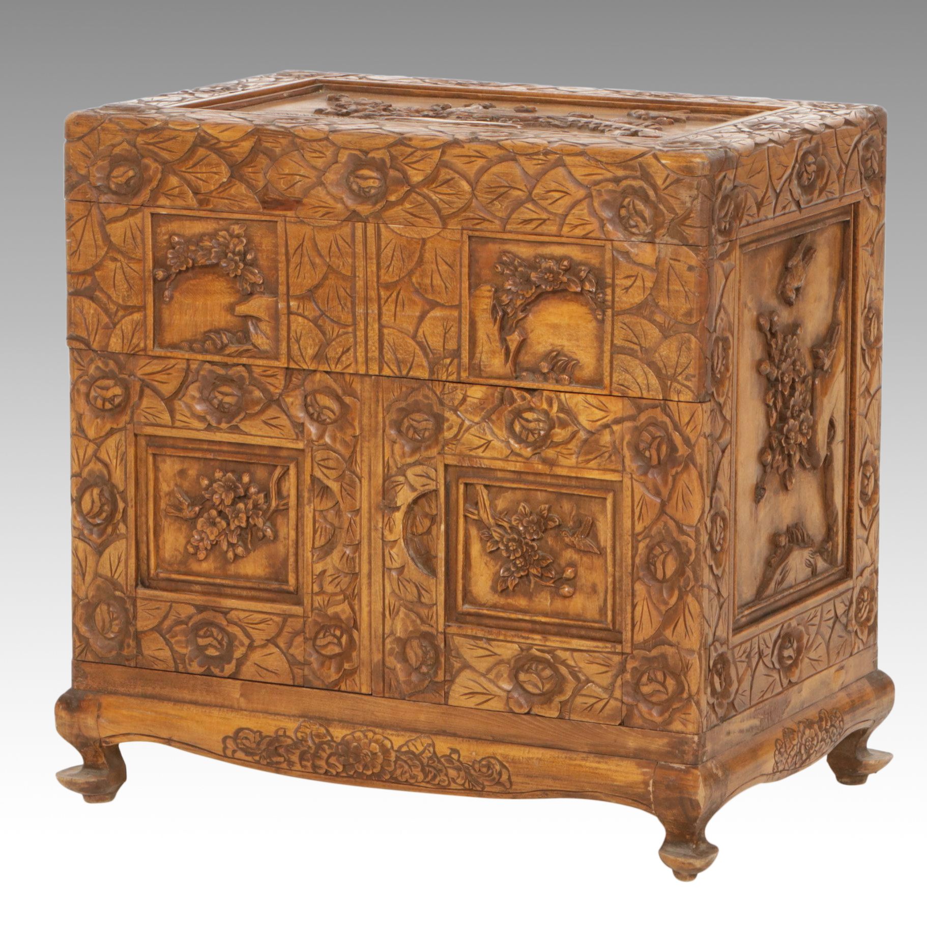Chinese Carved Wood Cabinet, Late 20th Century