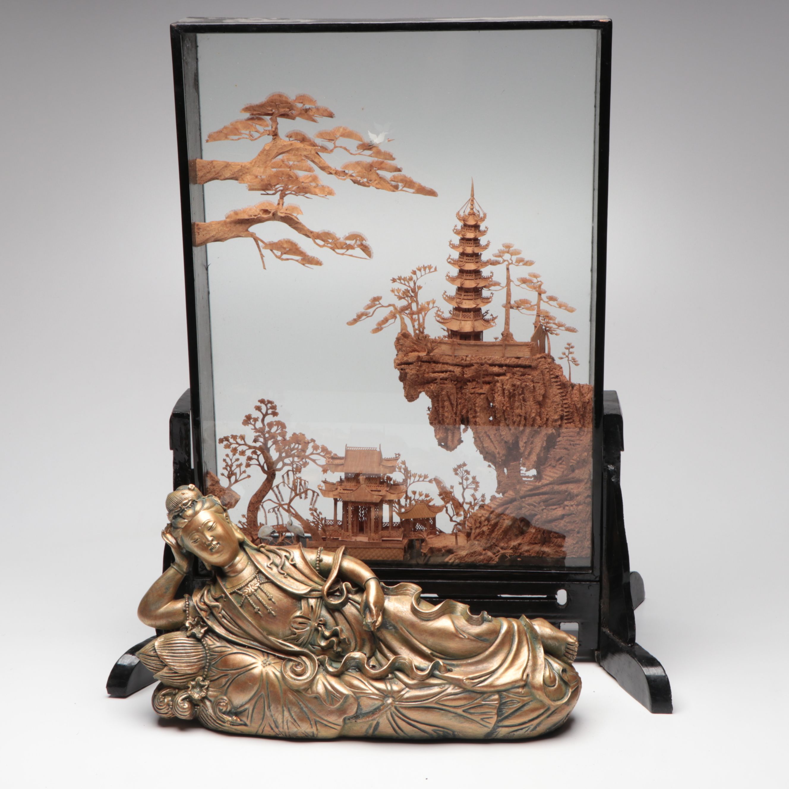 Chinese Hand-Carved Cork Landscape Diorama with Plaster Guanyin Figure
