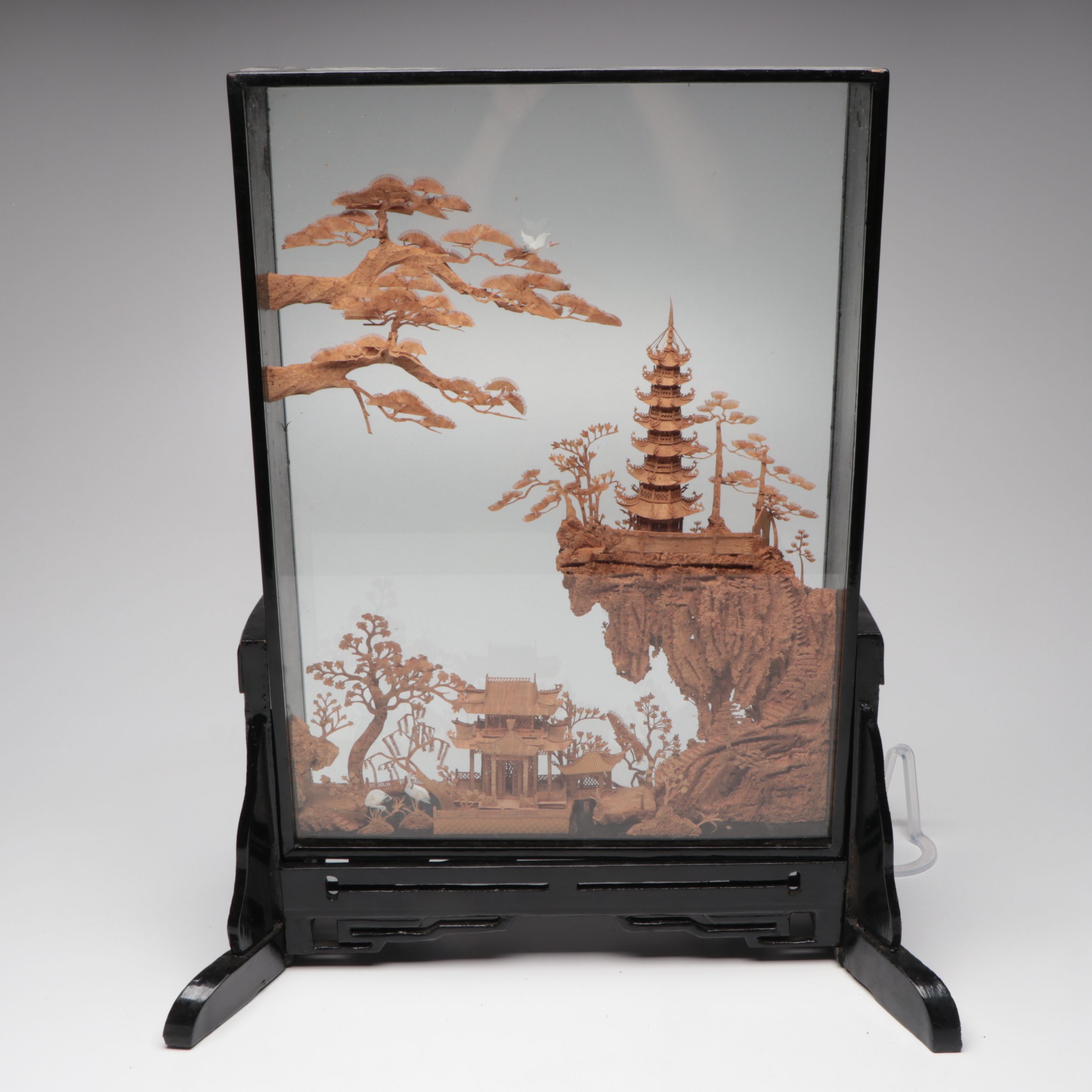 Chinese Hand-Carved Cork Landscape Diorama with Plaster Guanyin Figure