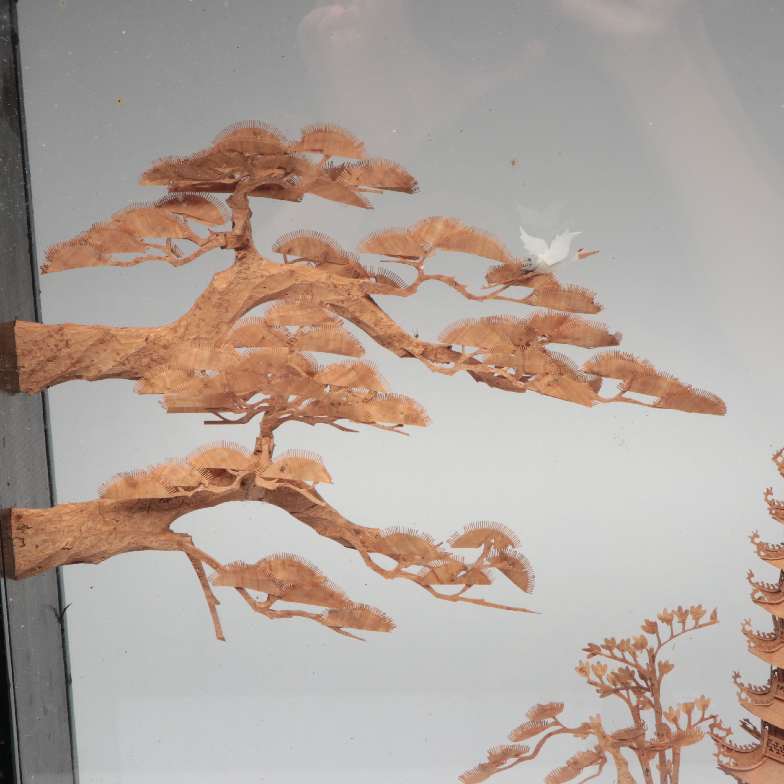 Chinese Hand-Carved Cork Landscape Diorama with Plaster Guanyin Figure