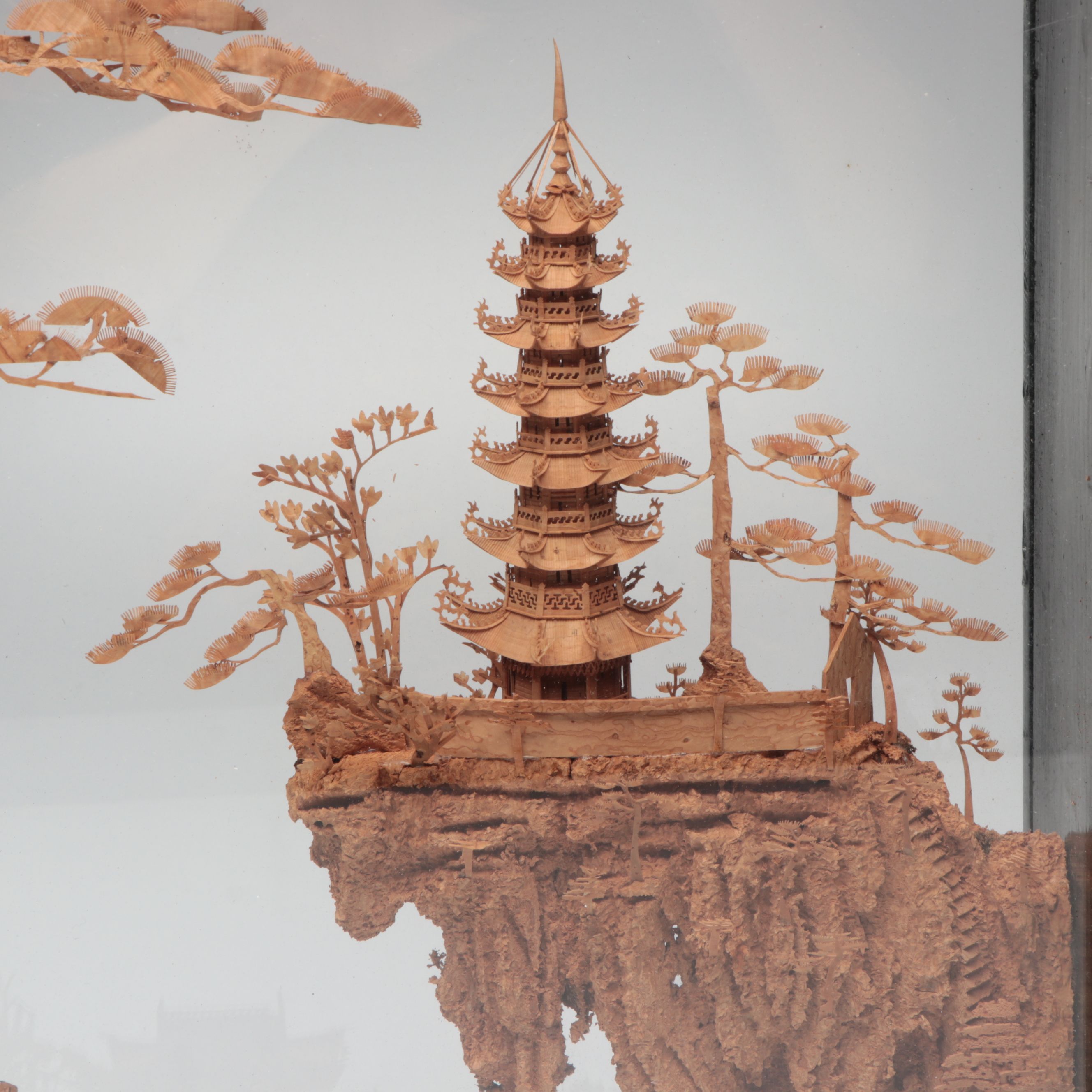 Chinese Hand-Carved Cork Landscape Diorama with Plaster Guanyin Figure
