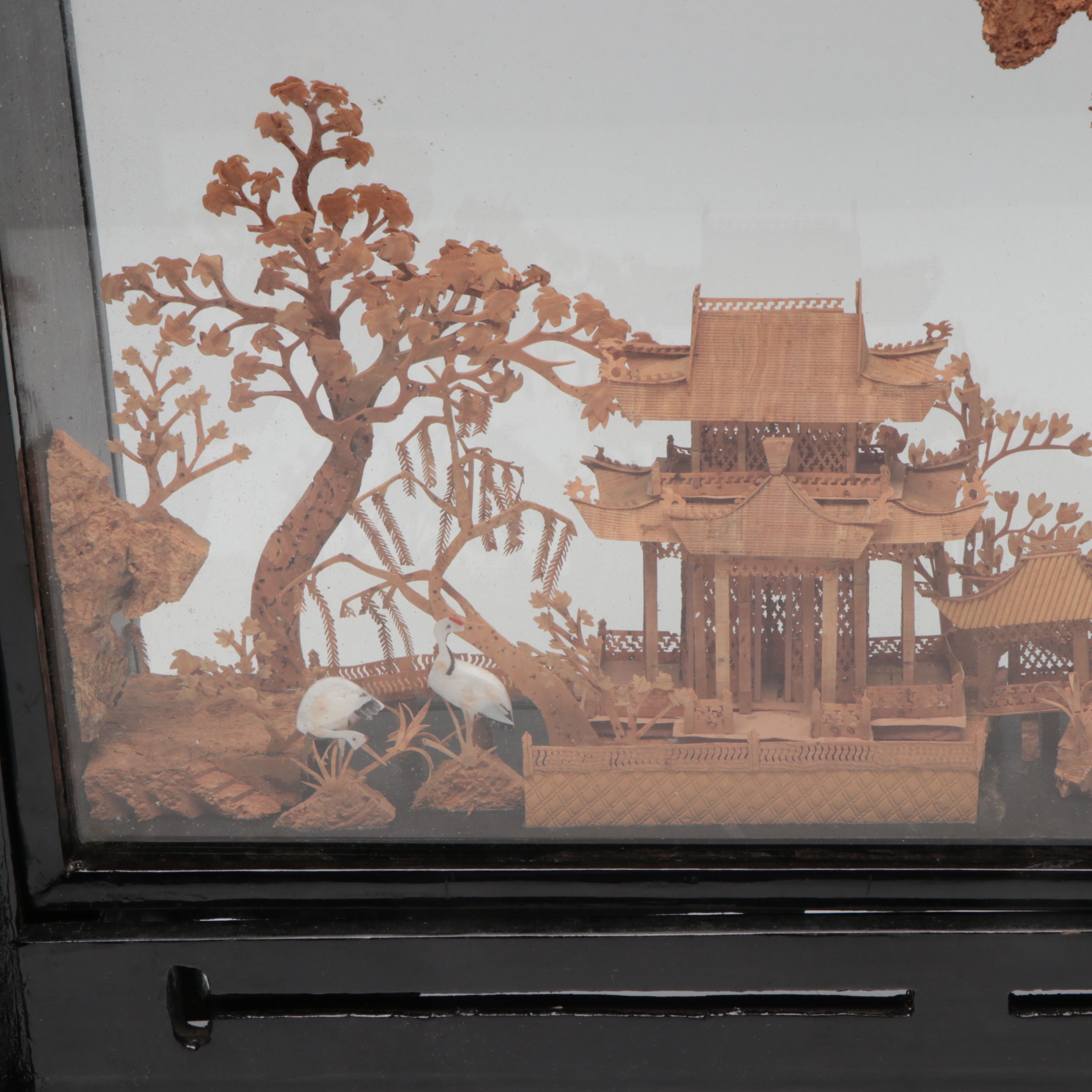 Chinese Hand-Carved Cork Landscape Diorama with Plaster Guanyin Figure