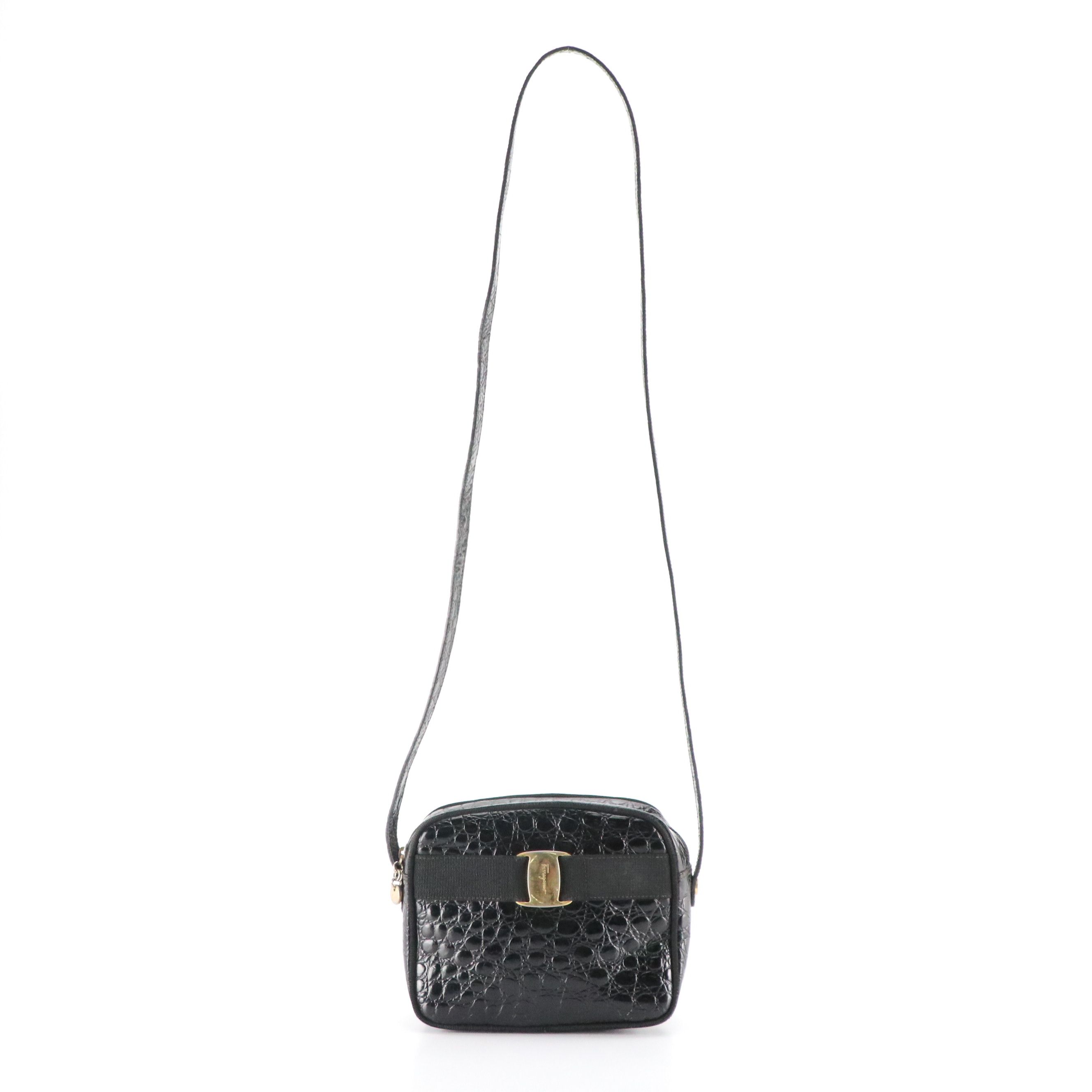 Salvatore Ferragamo Small Vara Crossbody Bag in Shiny Black Crocodile Leather