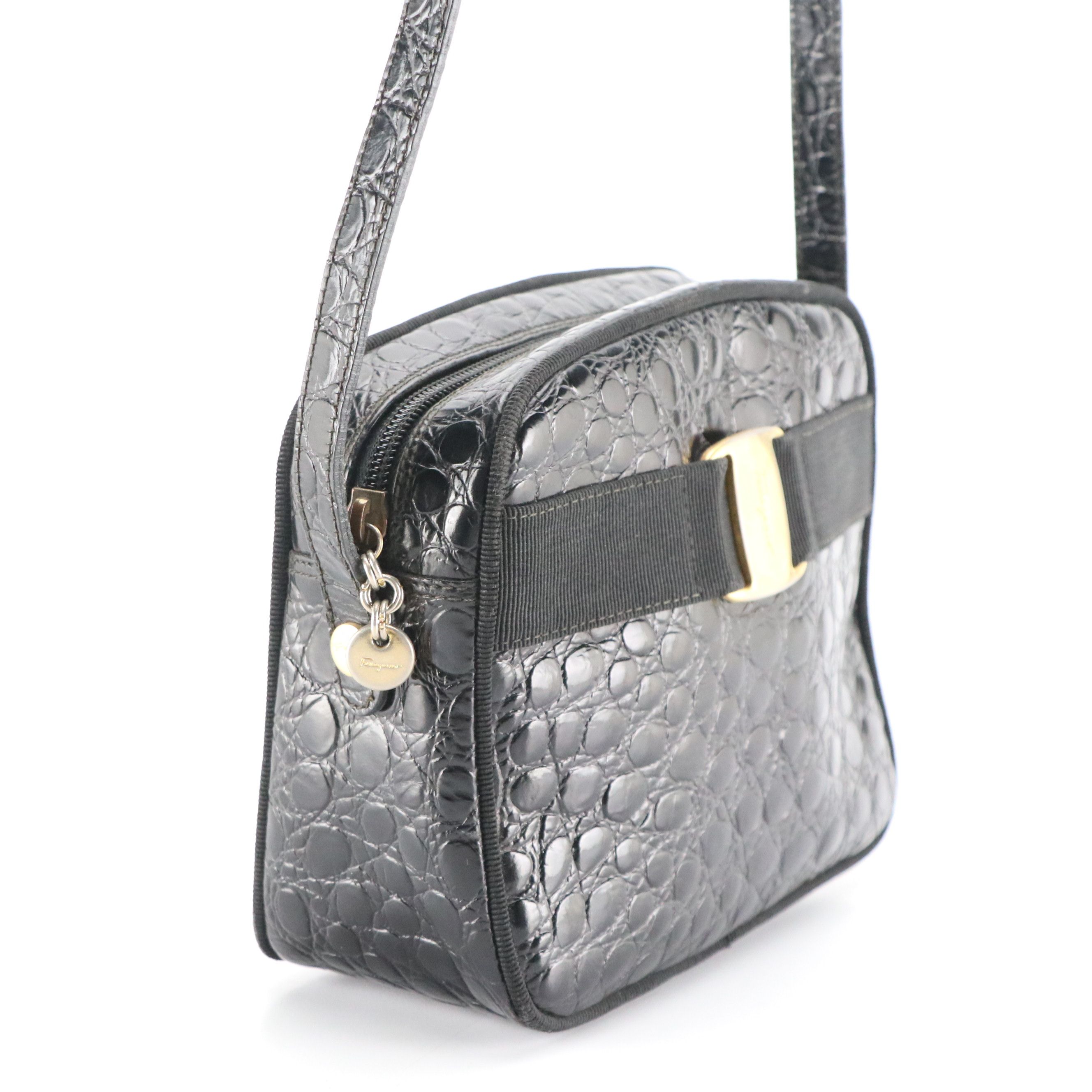 Salvatore Ferragamo Small Vara Crossbody Bag in Shiny Black Crocodile Leather