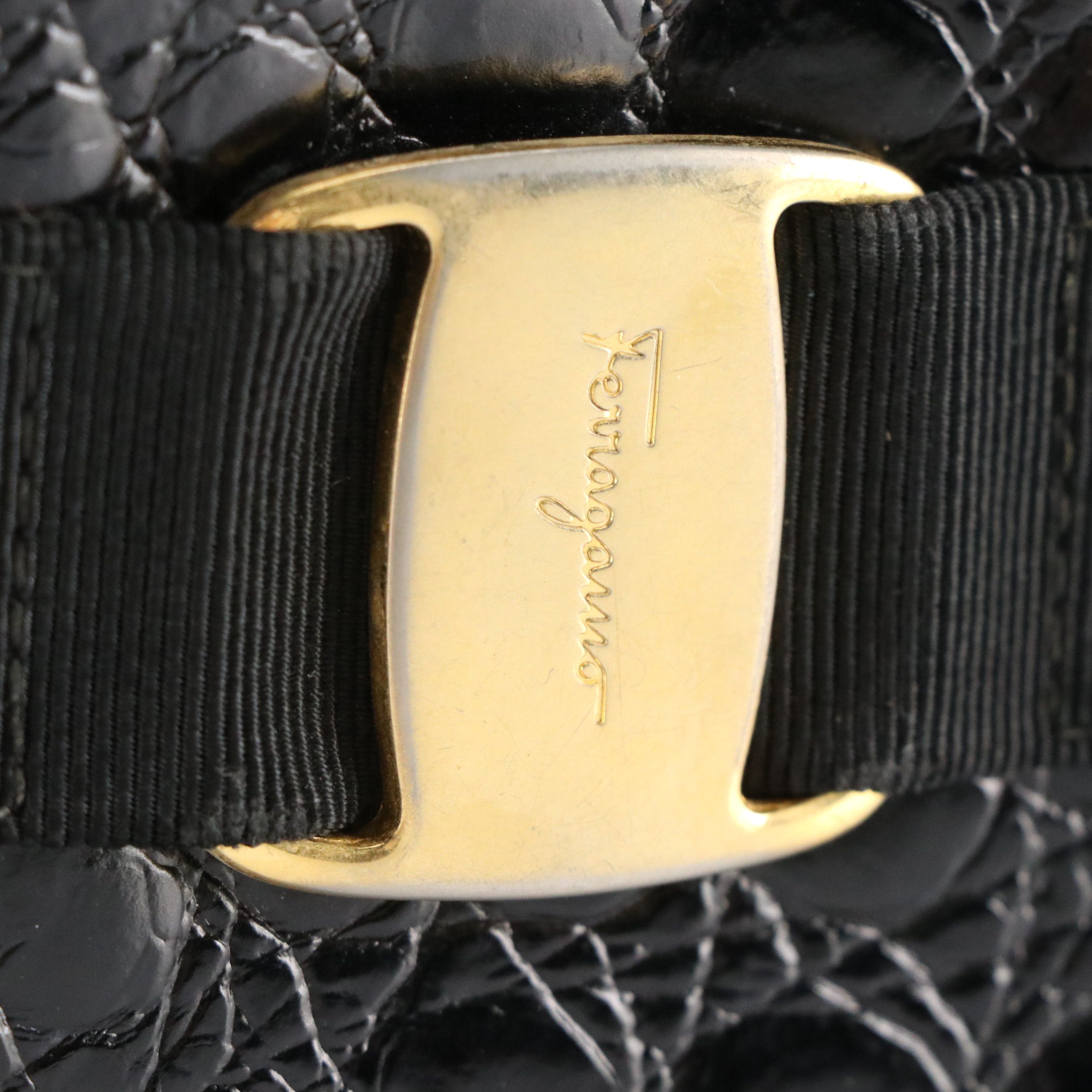 Salvatore Ferragamo Small Vara Crossbody Bag in Shiny Black Crocodile Leather