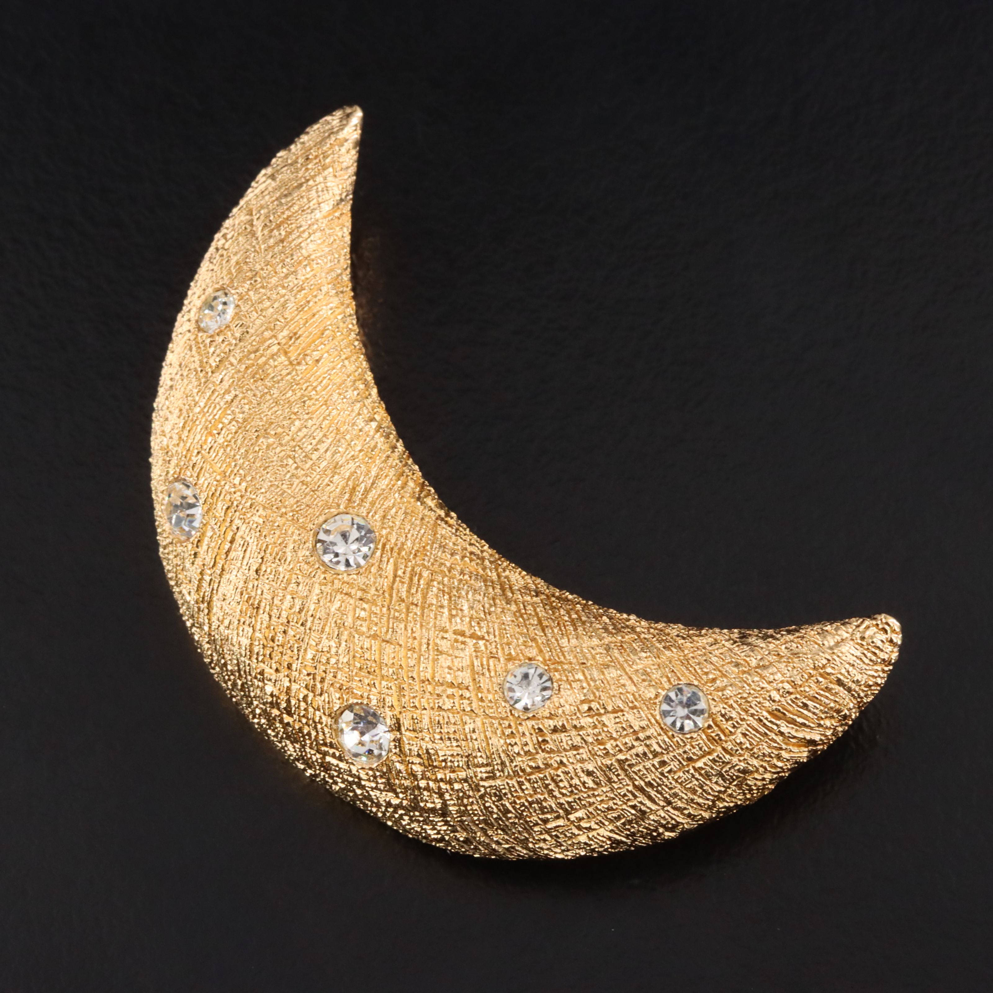 Christian Dior Textural Crescent Moon Brooch with Crystals