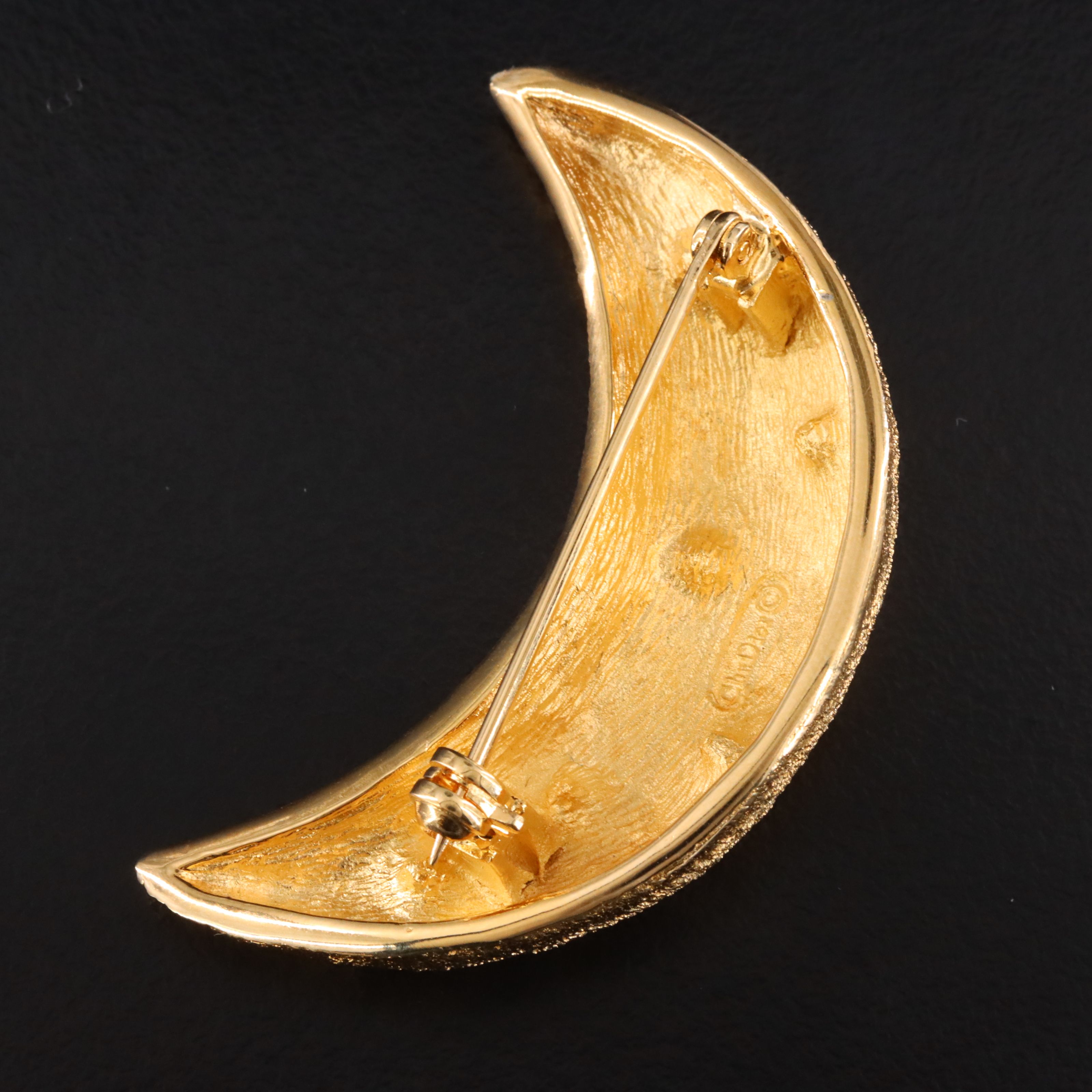 Christian Dior Textural Crescent Moon Brooch with Crystals