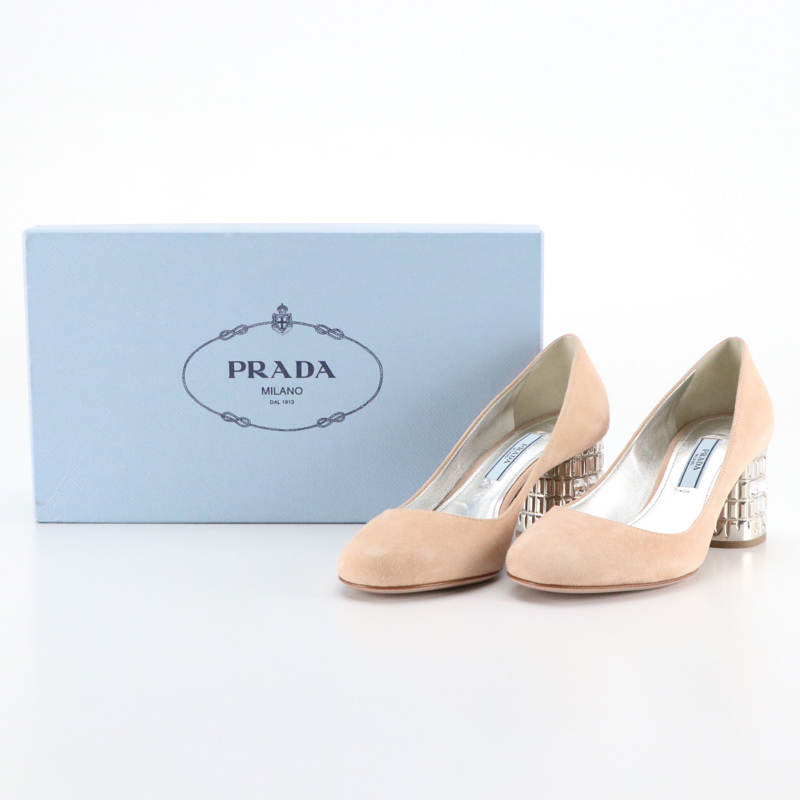 Prada Crystal Embellished Block Heel Pumps in Beige Suede, With Box