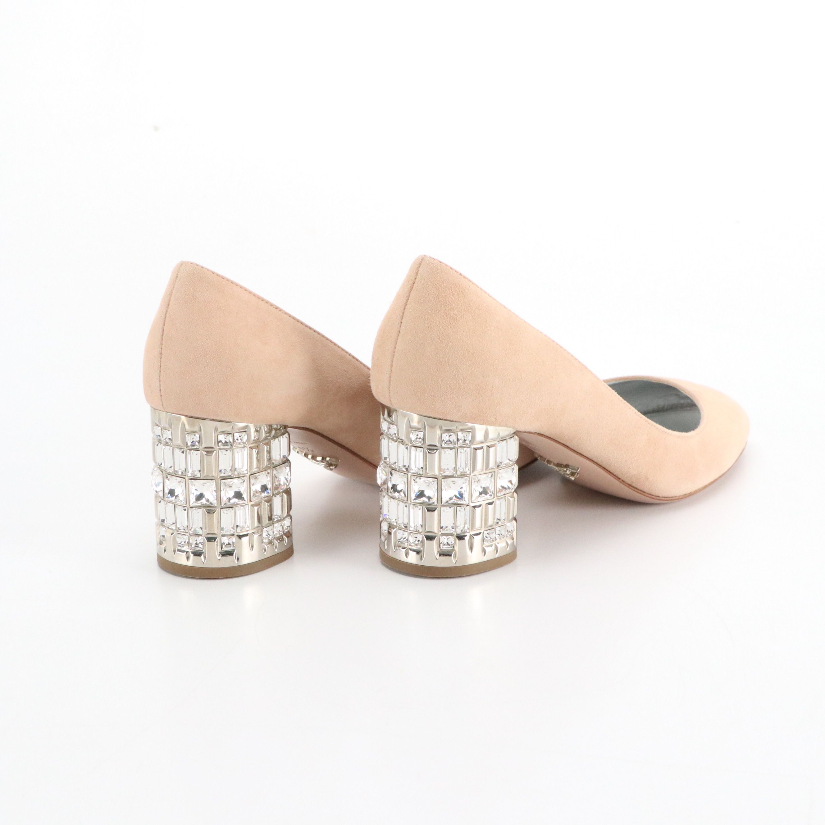 Prada Crystal Embellished Block Heel Pumps in Beige Suede, With Box