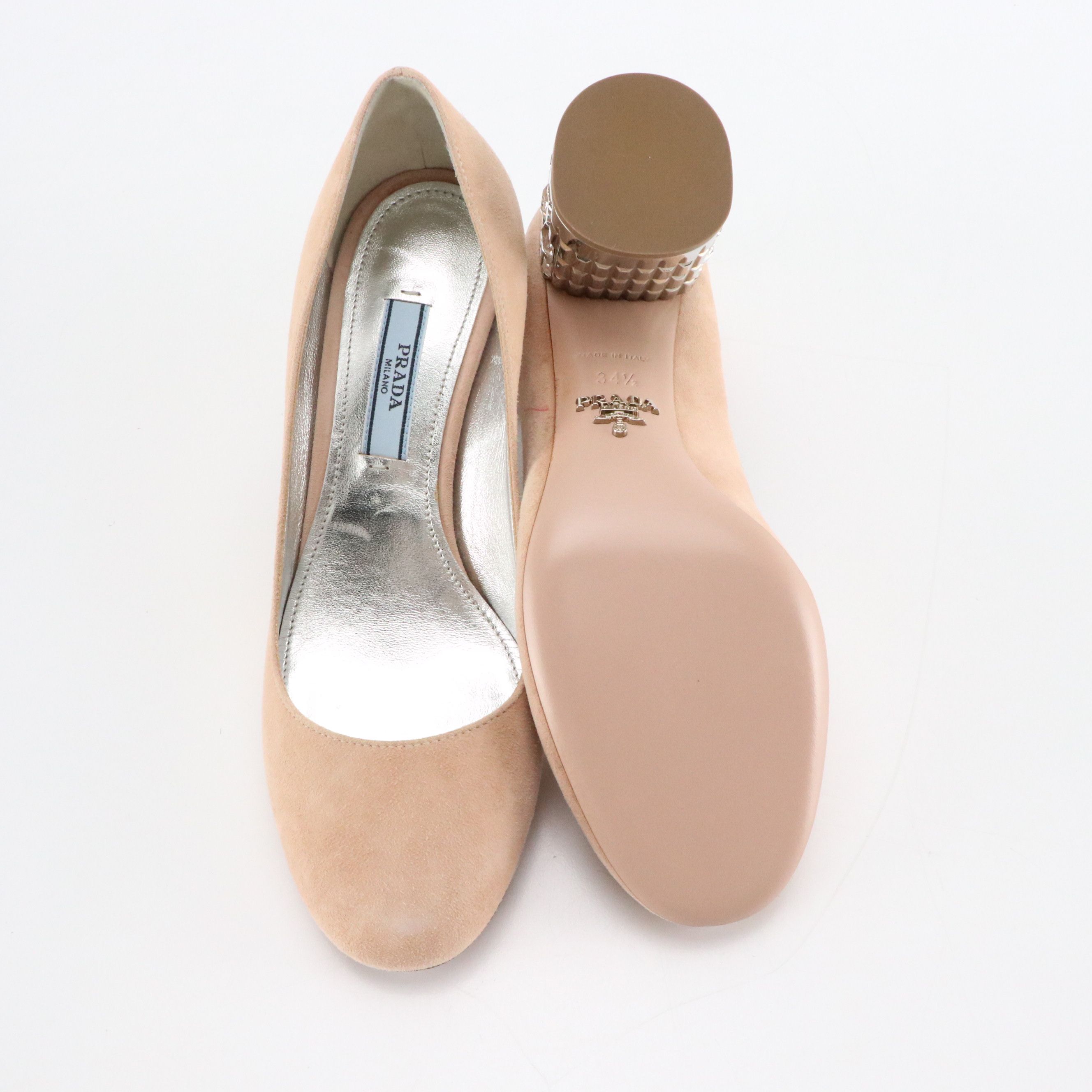 Prada Crystal Embellished Block Heel Pumps in Beige Suede, With Box