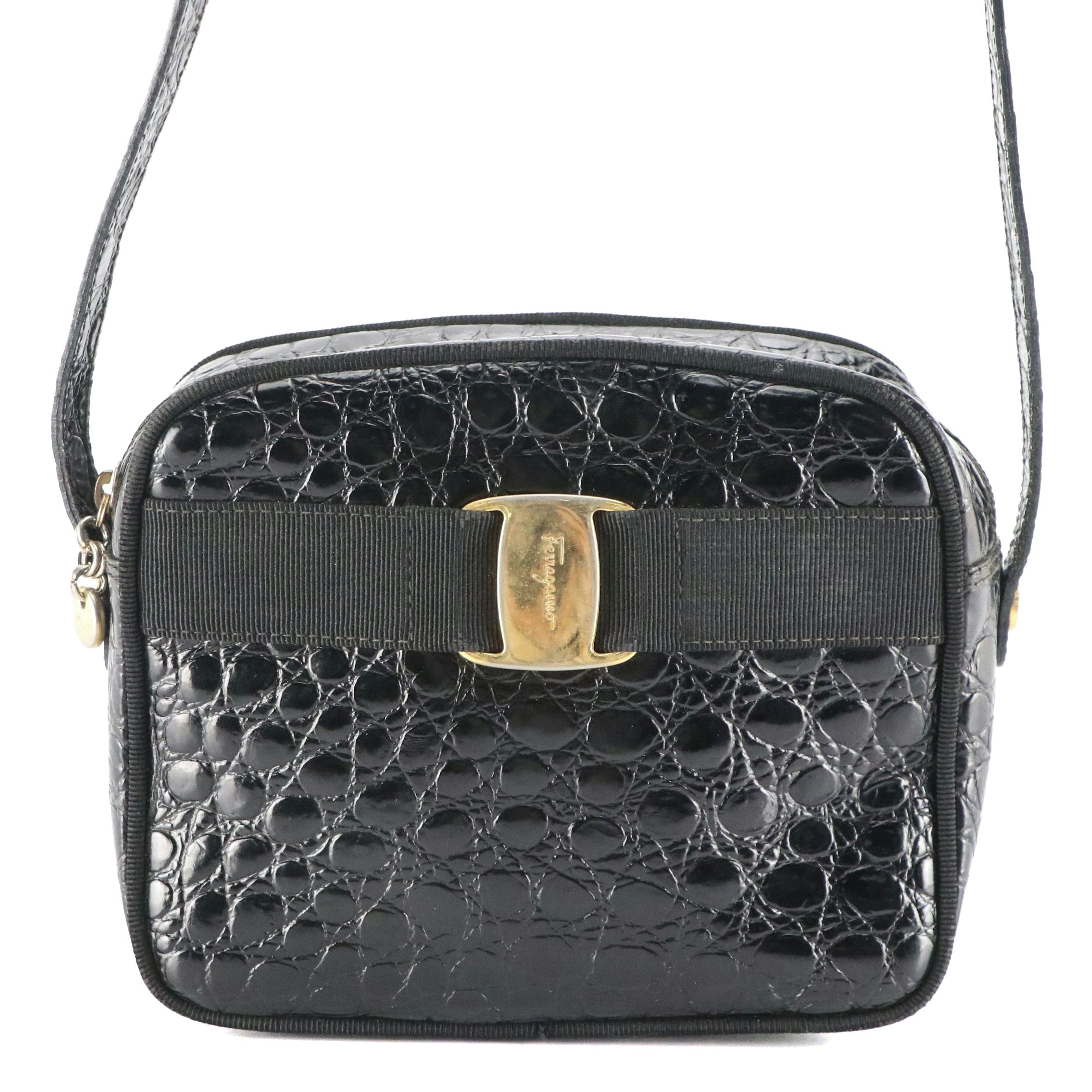 Salvatore Ferragamo Small Vara Crossbody Bag in Shiny Black Crocodile Leather