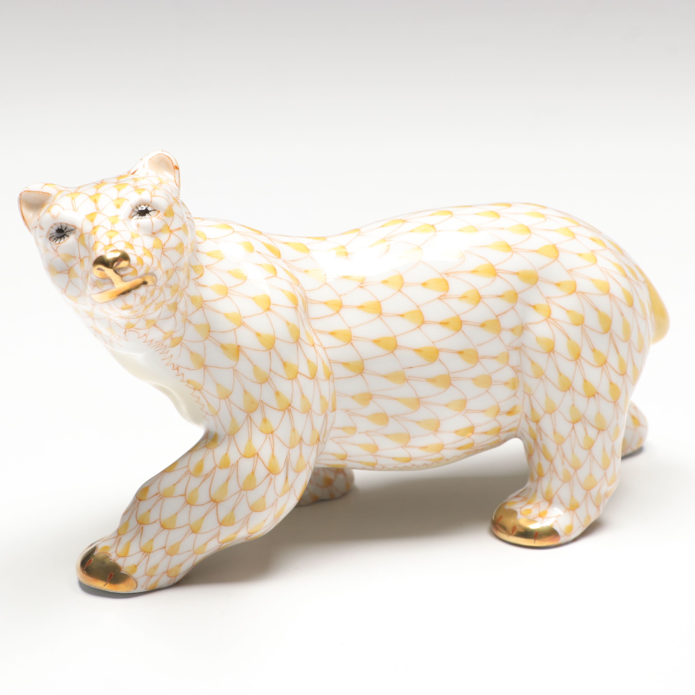 Herend Butterscotch Fishnet with Gold "Polar Bear" Porcelain Figurine