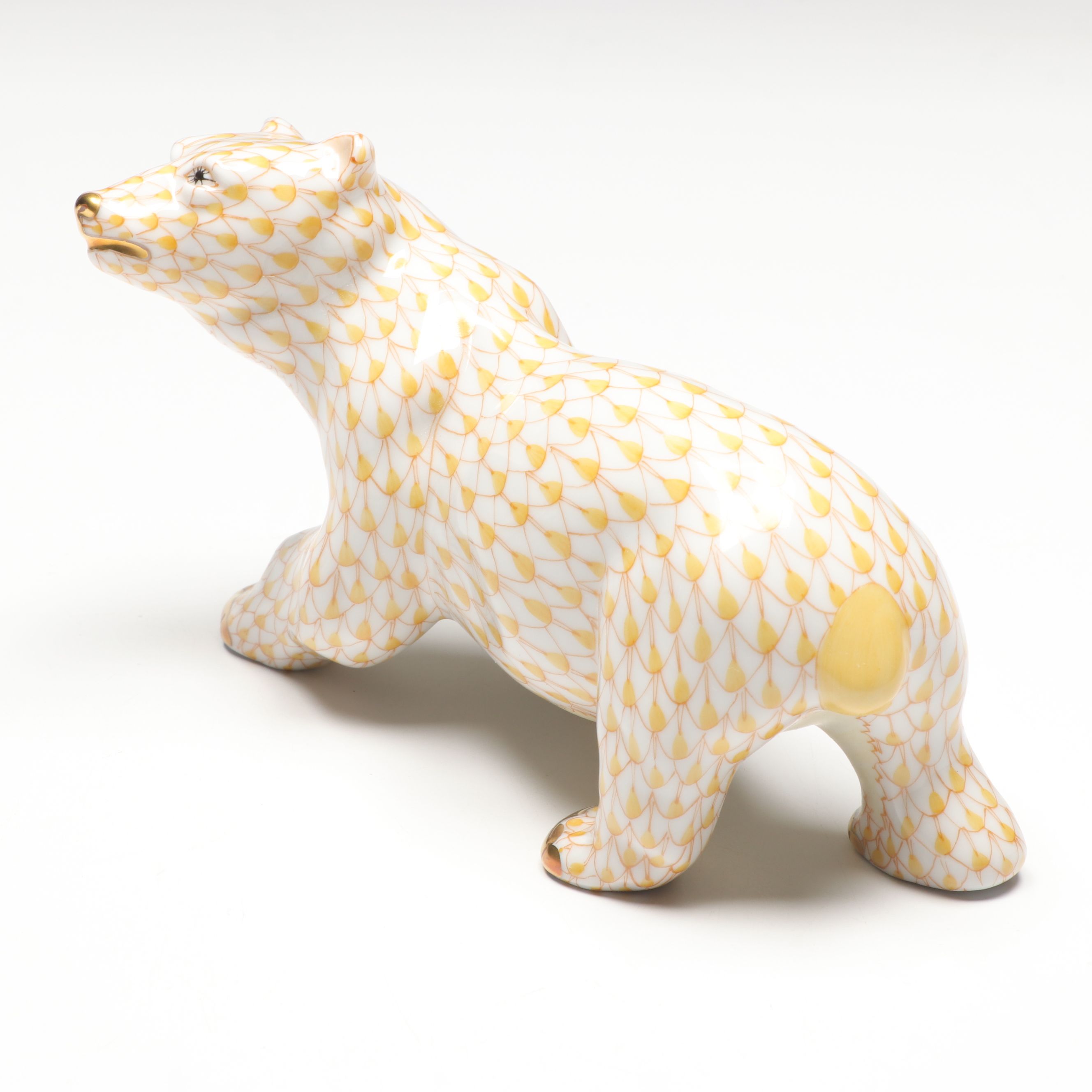 Herend Butterscotch Fishnet with Gold "Polar Bear" Porcelain Figurine