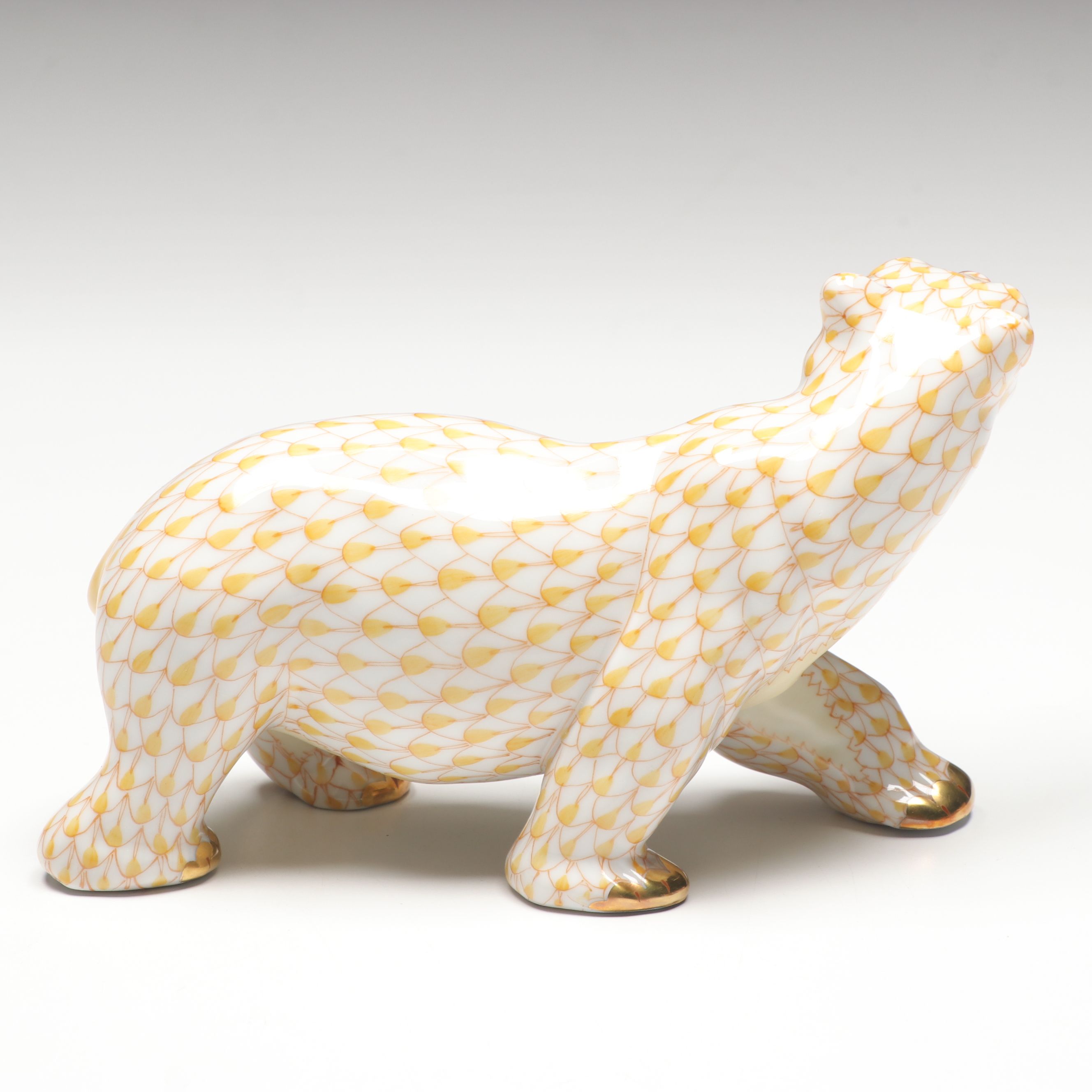Herend Butterscotch Fishnet with Gold "Polar Bear" Porcelain Figurine