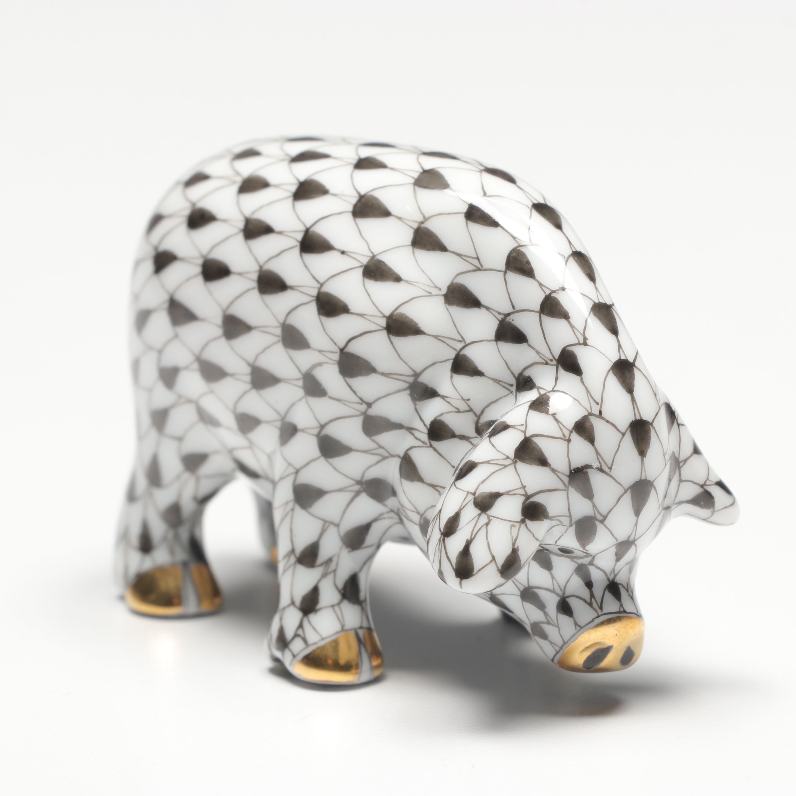 Herend Black Fishnet with Gold "Small Pig" Porcelain Figurine