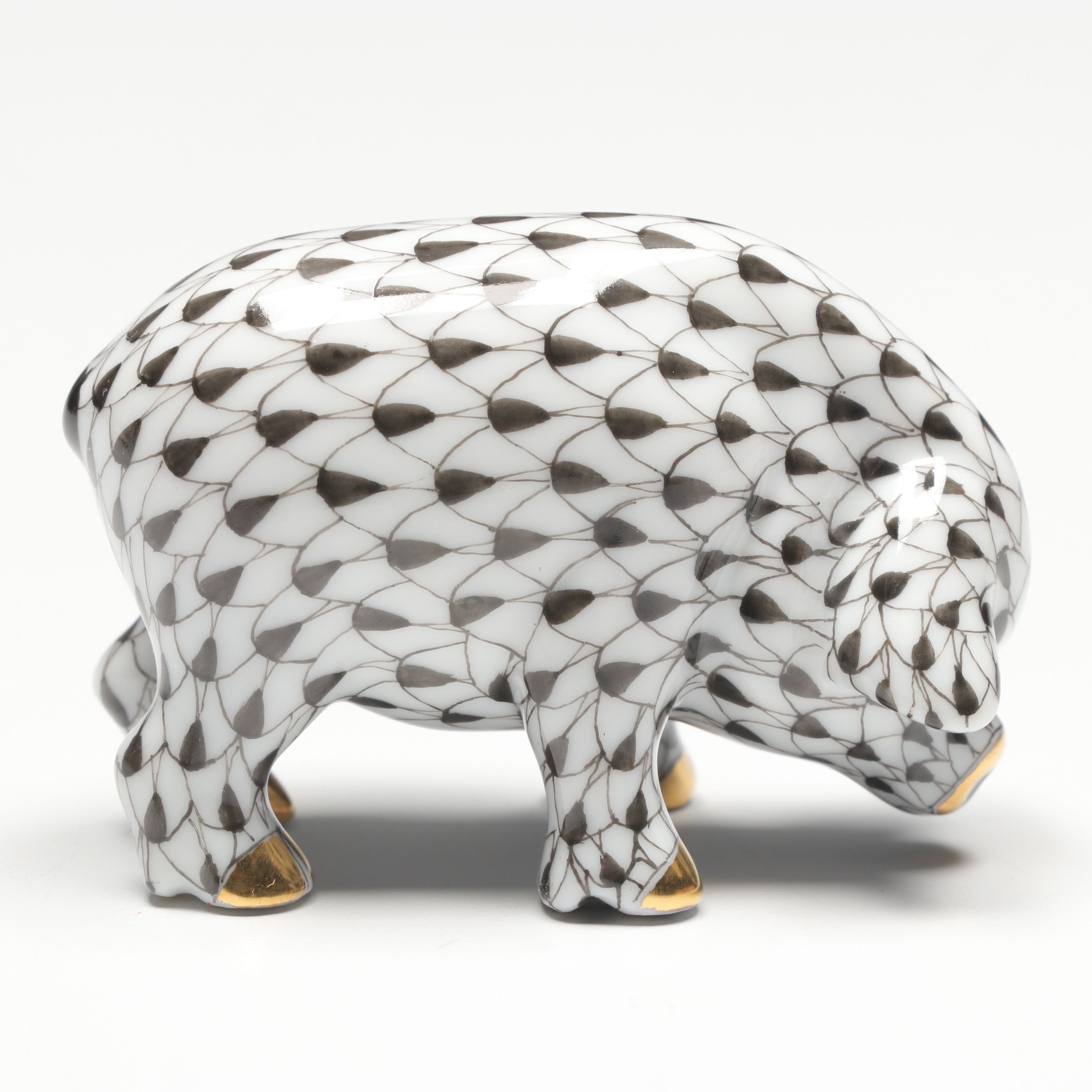 Herend Black Fishnet with Gold "Small Pig" Porcelain Figurine