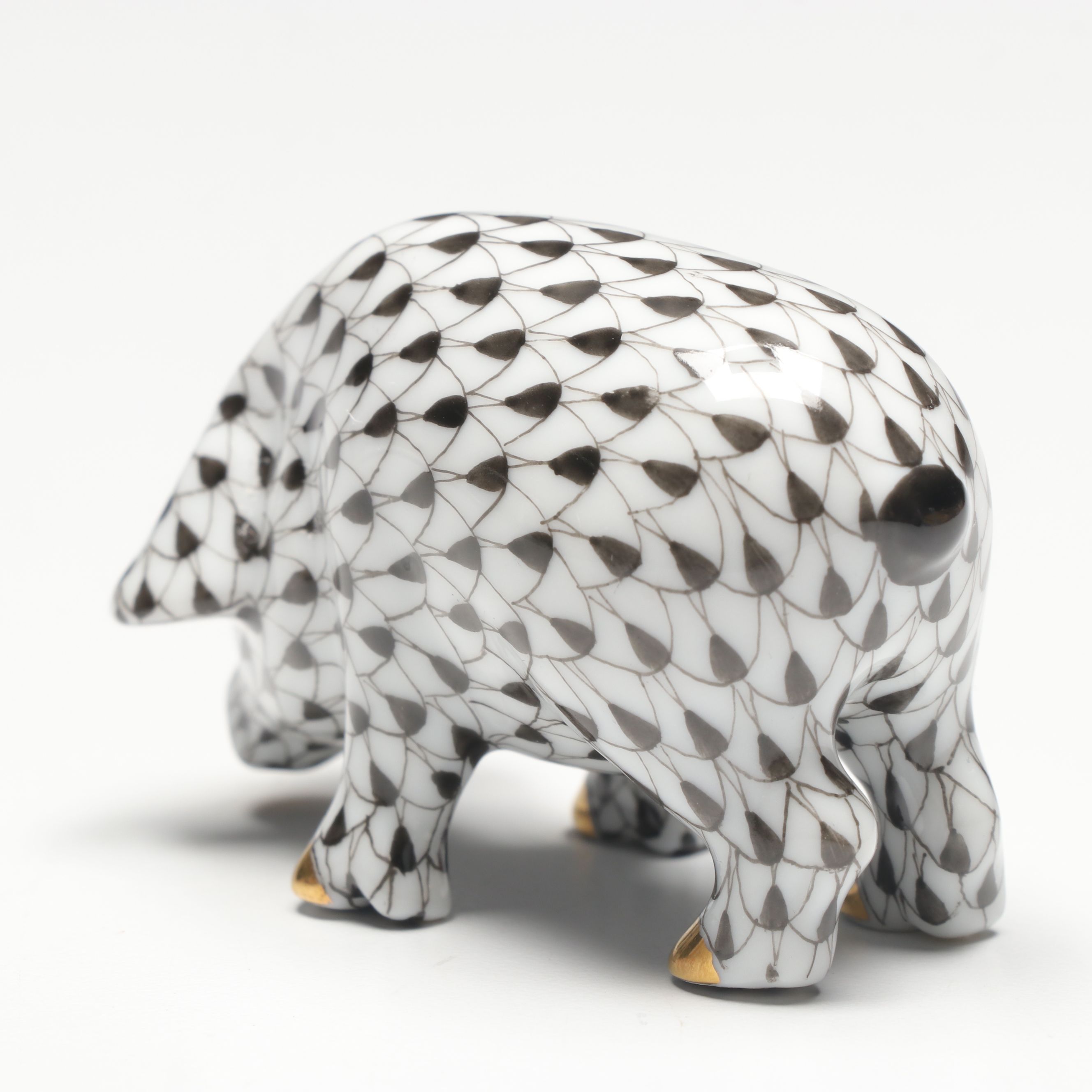 Herend Black Fishnet with Gold "Small Pig" Porcelain Figurine