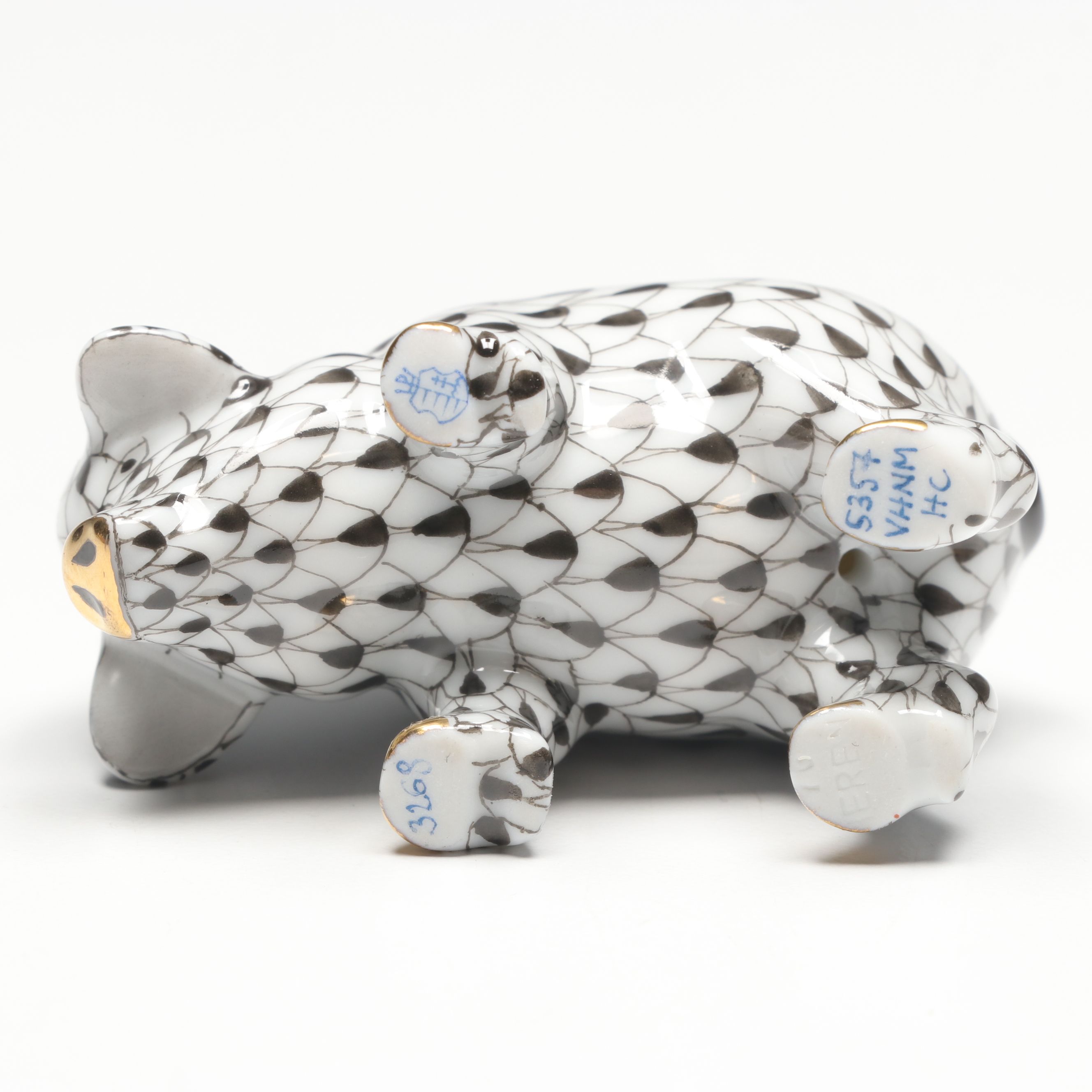 Herend Black Fishnet with Gold "Small Pig" Porcelain Figurine