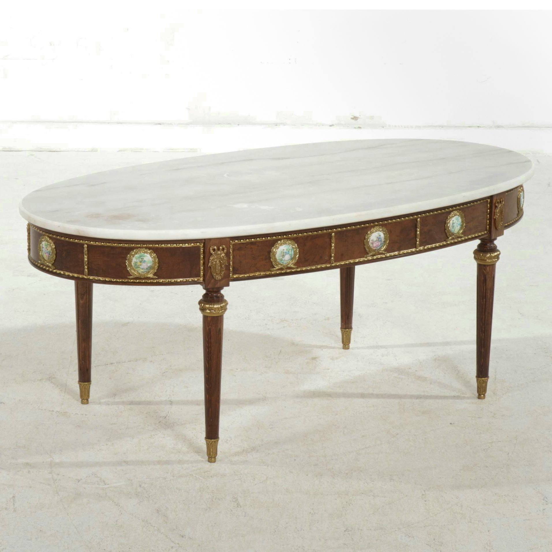 Spanish Louis XVI Style Marble Top Coffee Table with Porcelain Medallions