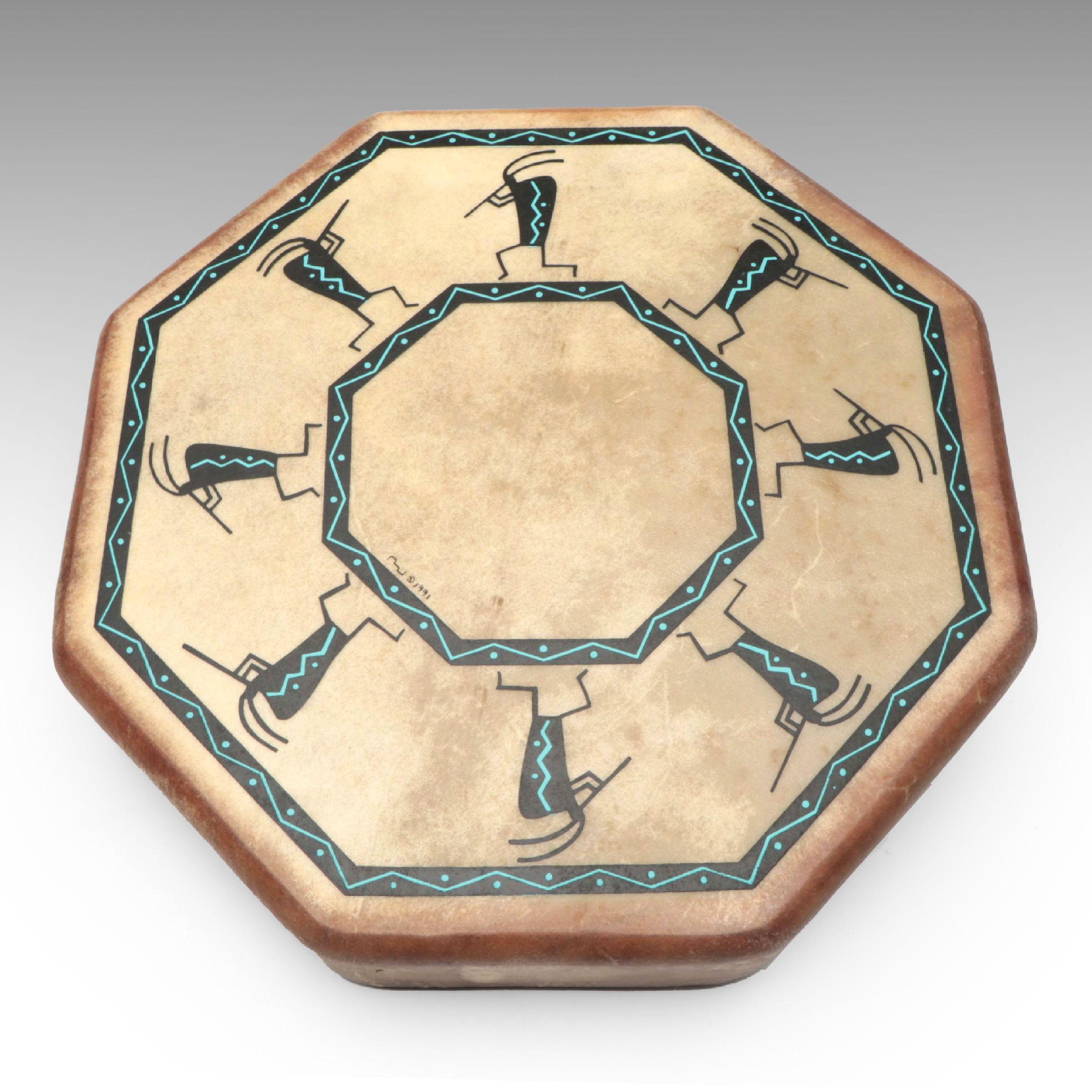 BJ Quintana "Kokopelli: The Joybringer" Hand-Painted Hide Drum, 1991