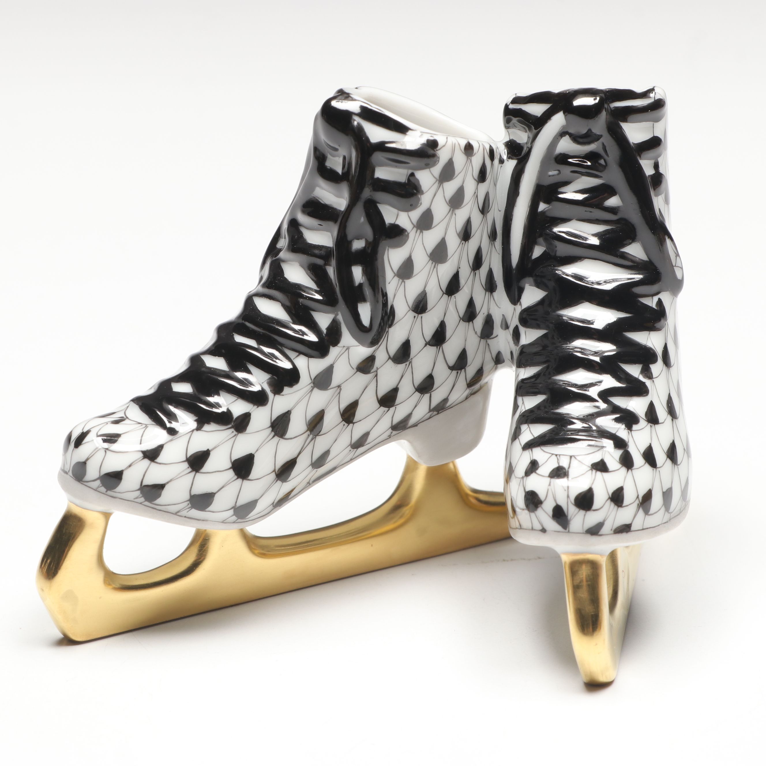 Herend Black Fishnet with Gold "Pair of Ice Skates" Porcelain Figurine