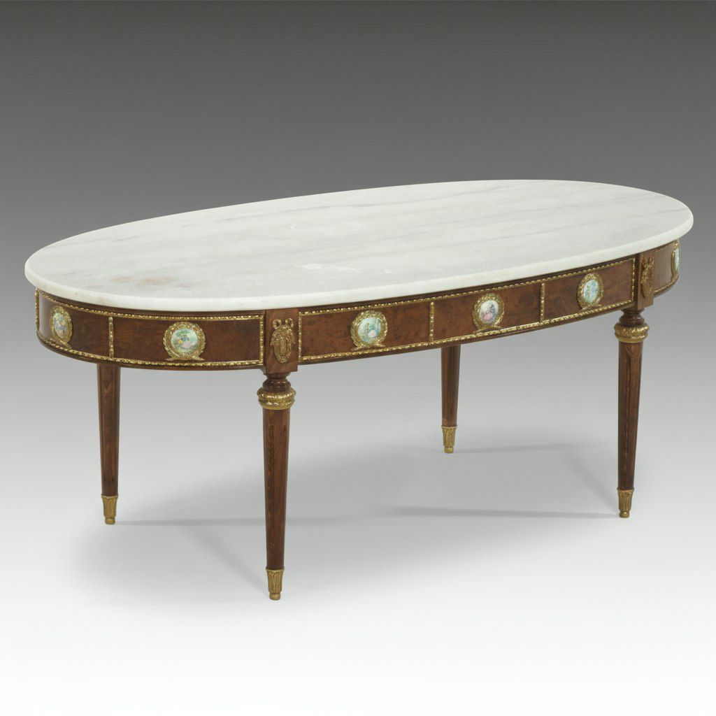 Spanish Louis XVI Style Marble Top Coffee Table with Porcelain Medallions