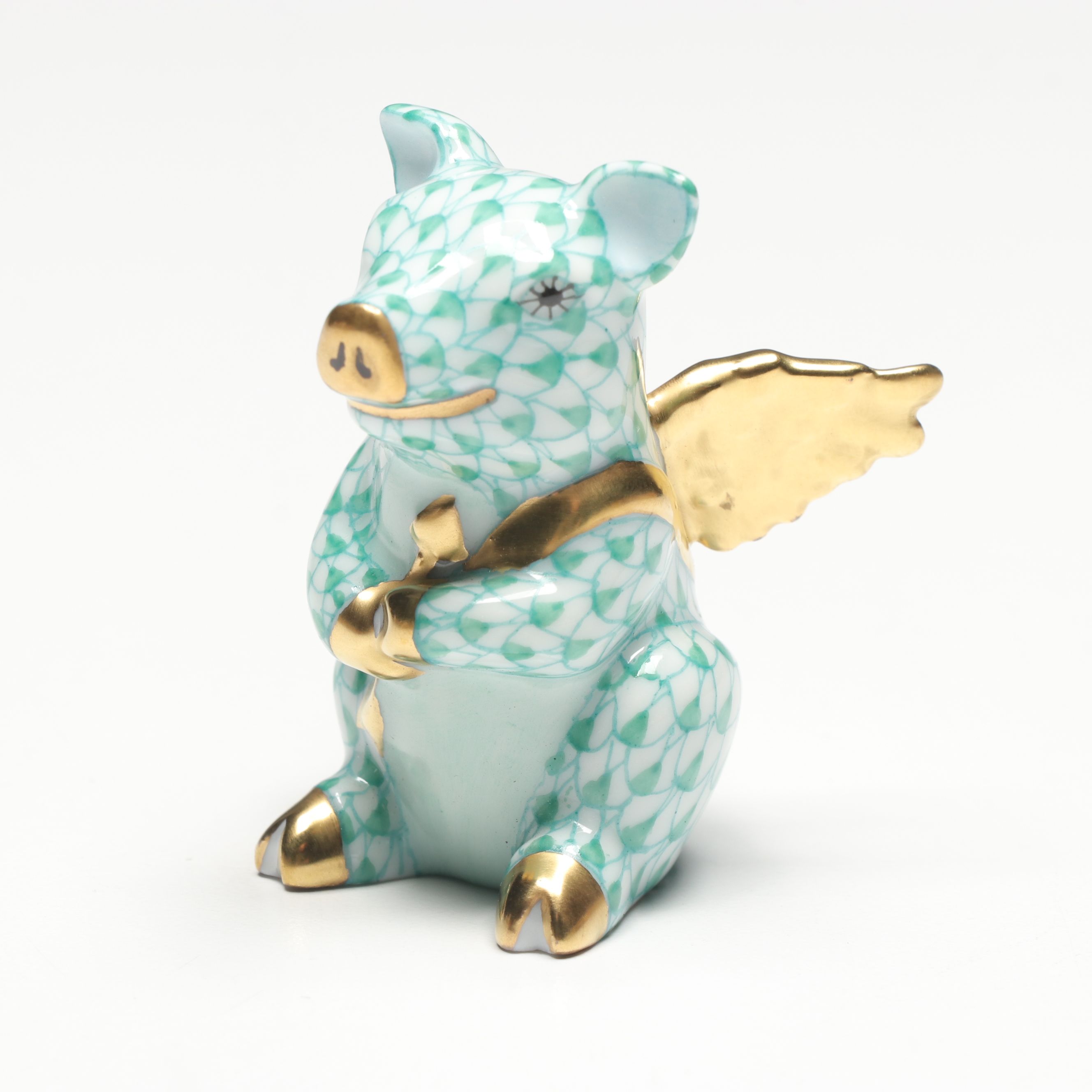 Herend Green Fishnet with Gold "Cupid Piggy" Porcelain Figurine