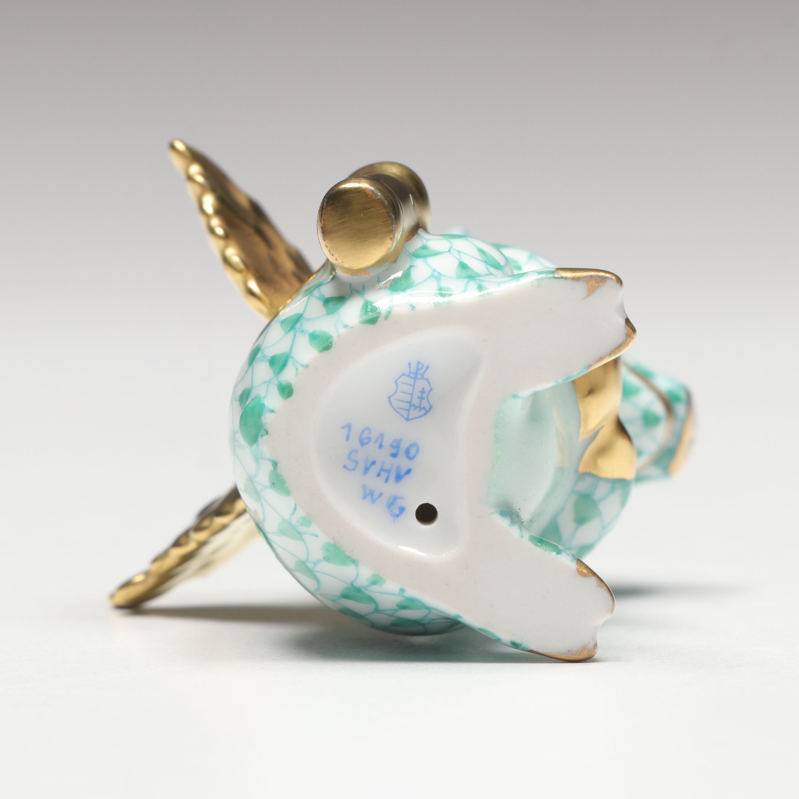 Herend Green Fishnet with Gold "Cupid Piggy" Porcelain Figurine