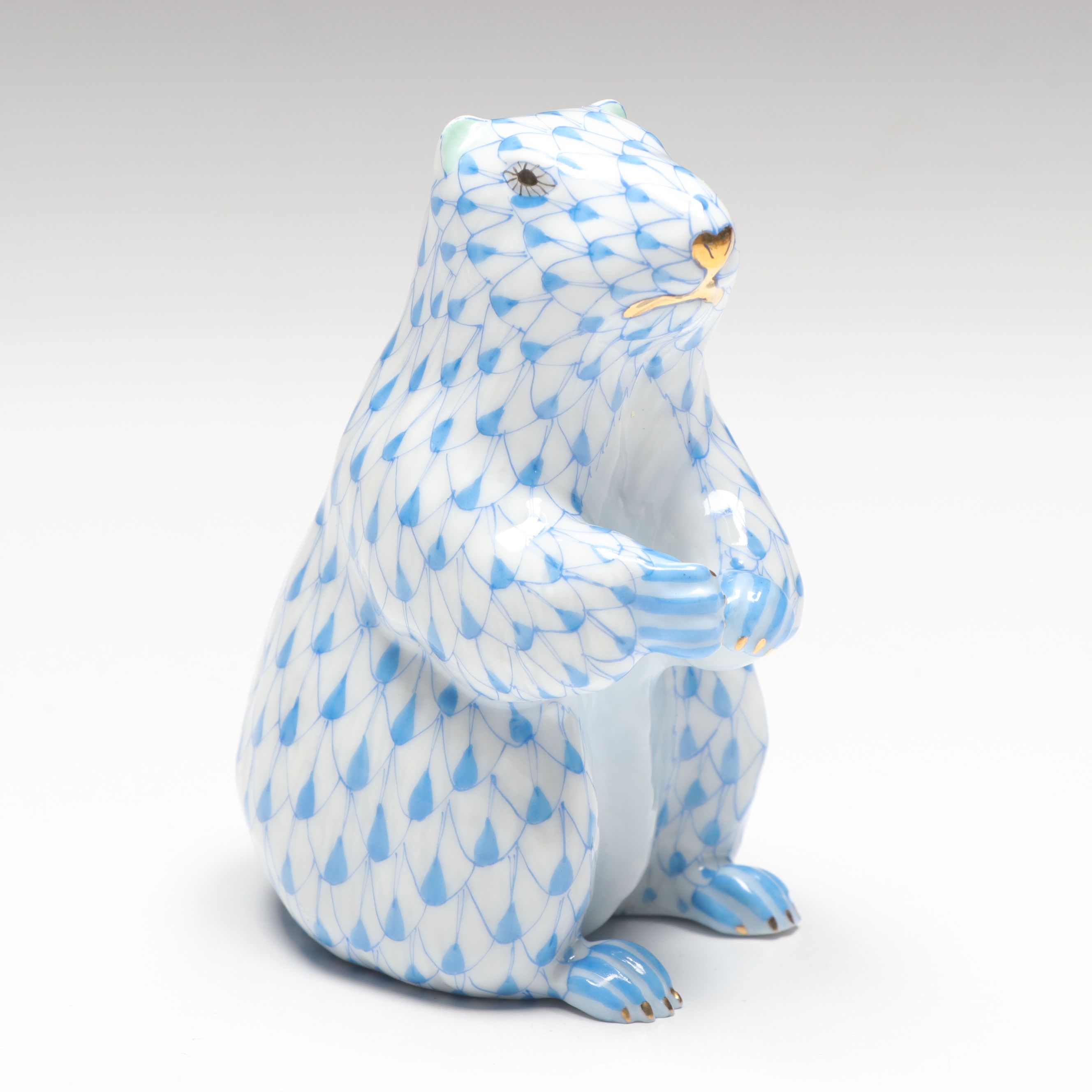 Herend Sapphire Fishnet with Gold “Groundhog” Porcelain Figurine