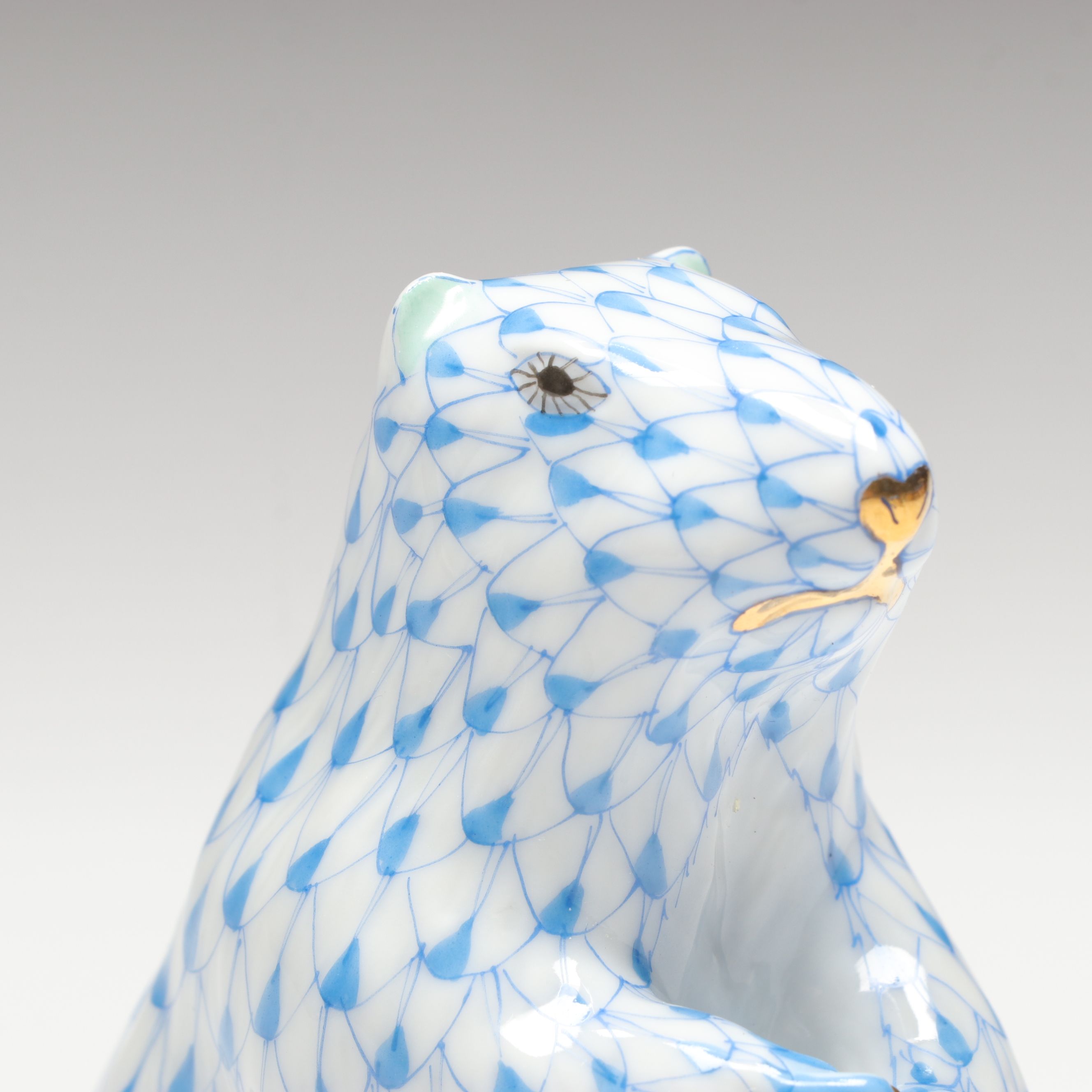 Herend Sapphire Fishnet with Gold “Groundhog” Porcelain Figurine