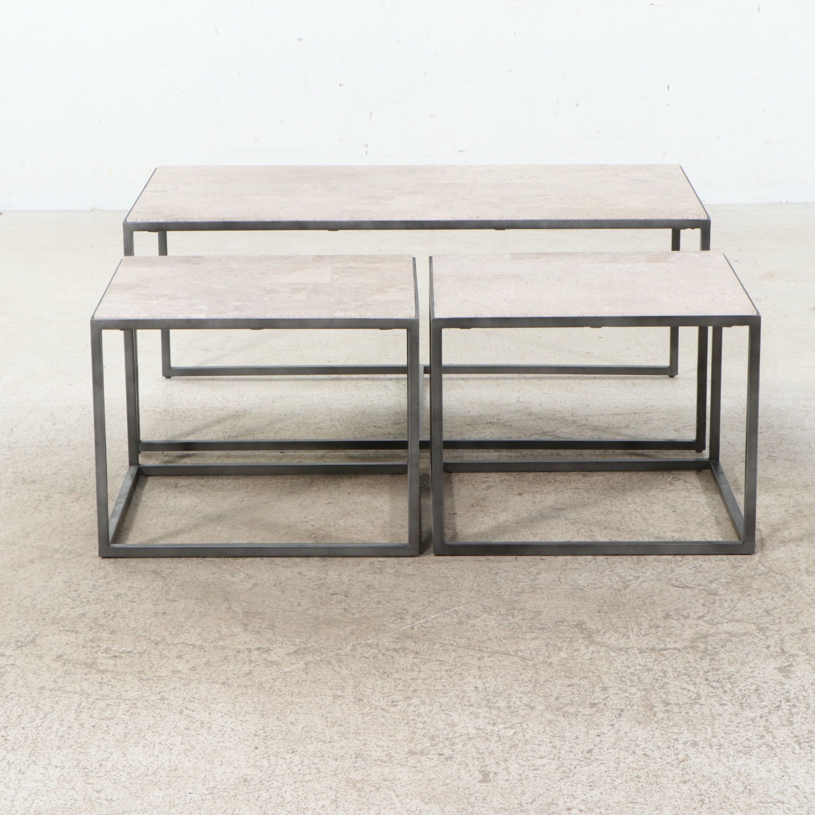 Contemporary Patinated Steel Coffee Table & End Tables with Travertine Tops
