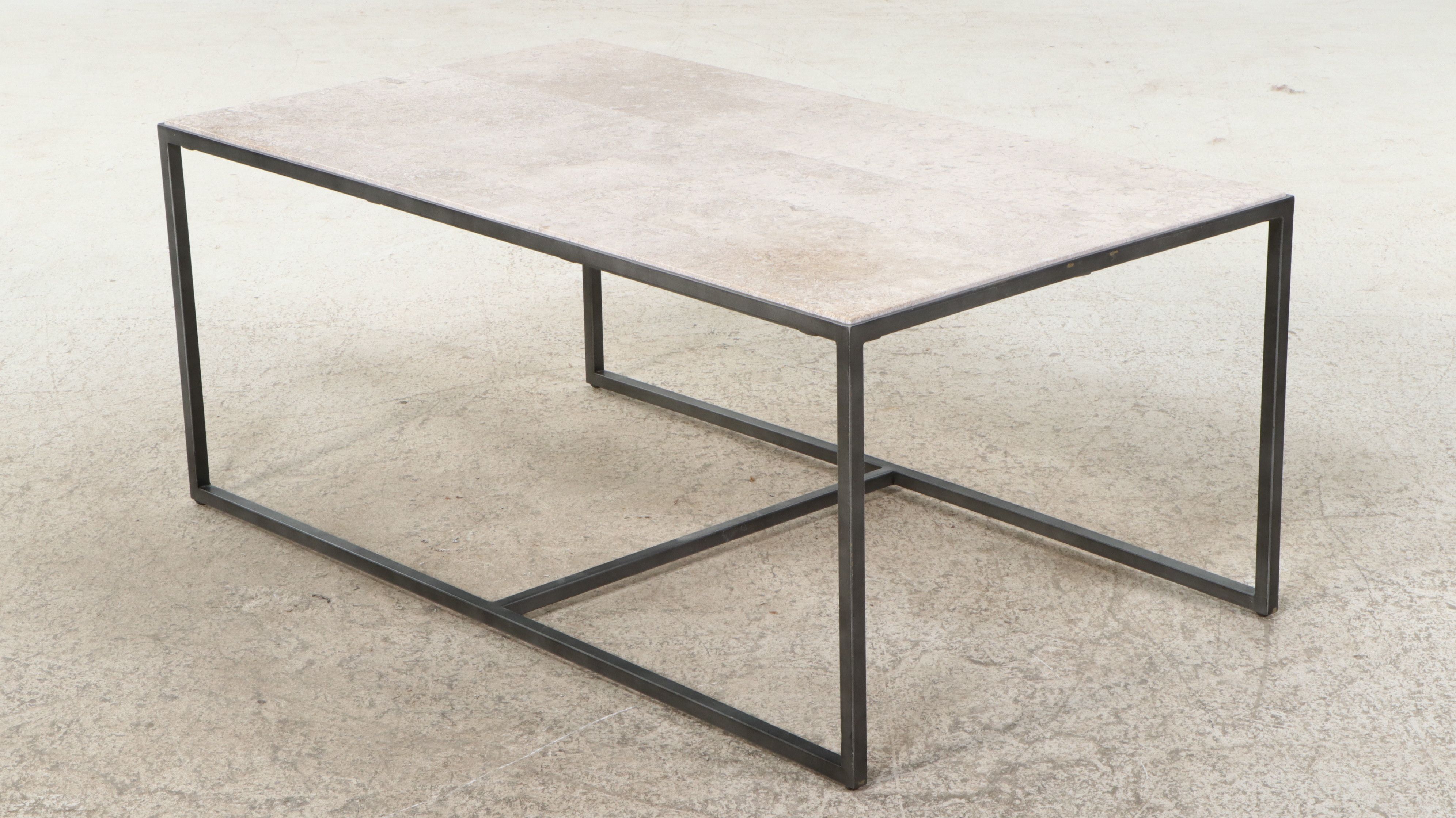 Contemporary Patinated Steel Coffee Table & End Tables with Travertine Tops
