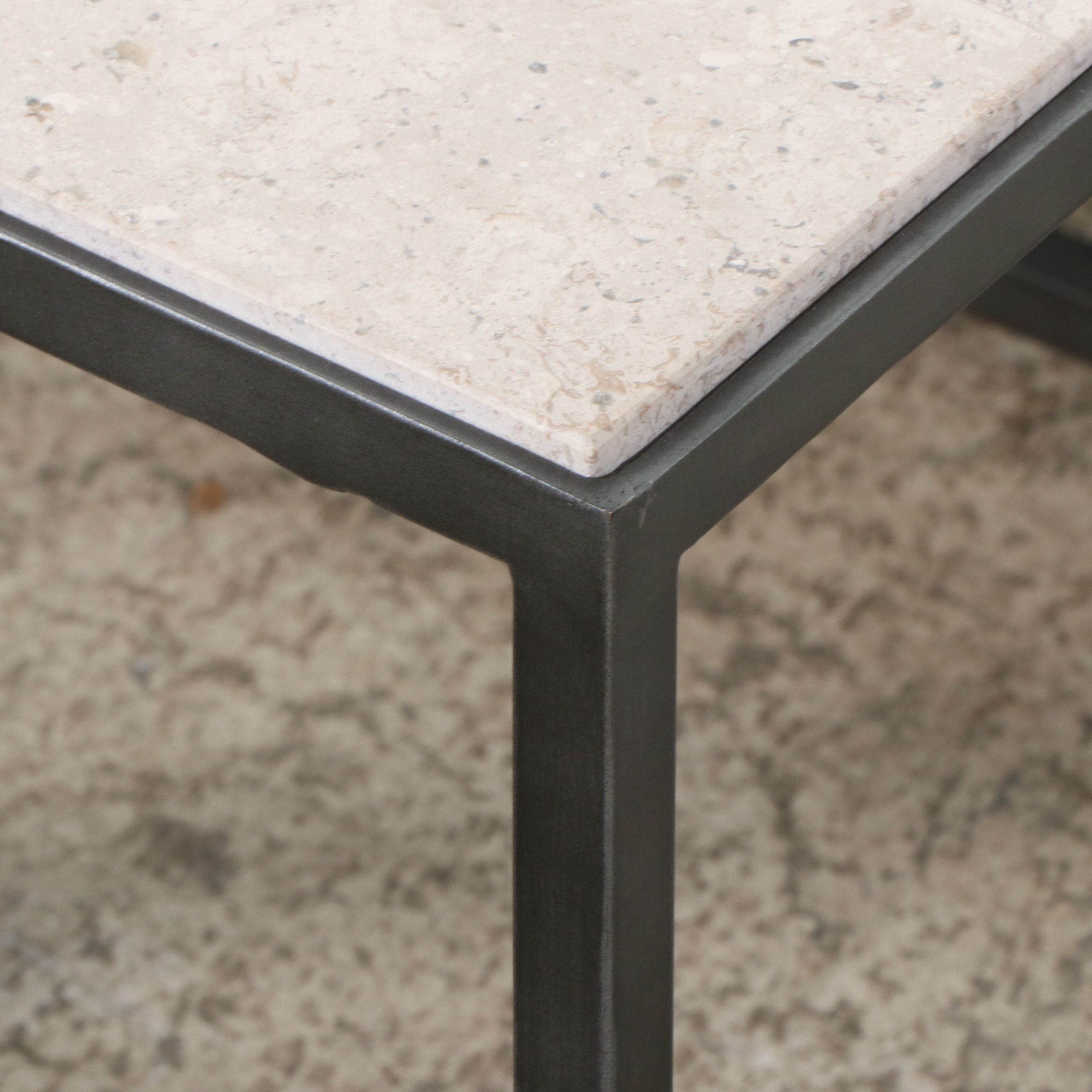 Contemporary Patinated Steel Coffee Table & End Tables with Travertine Tops