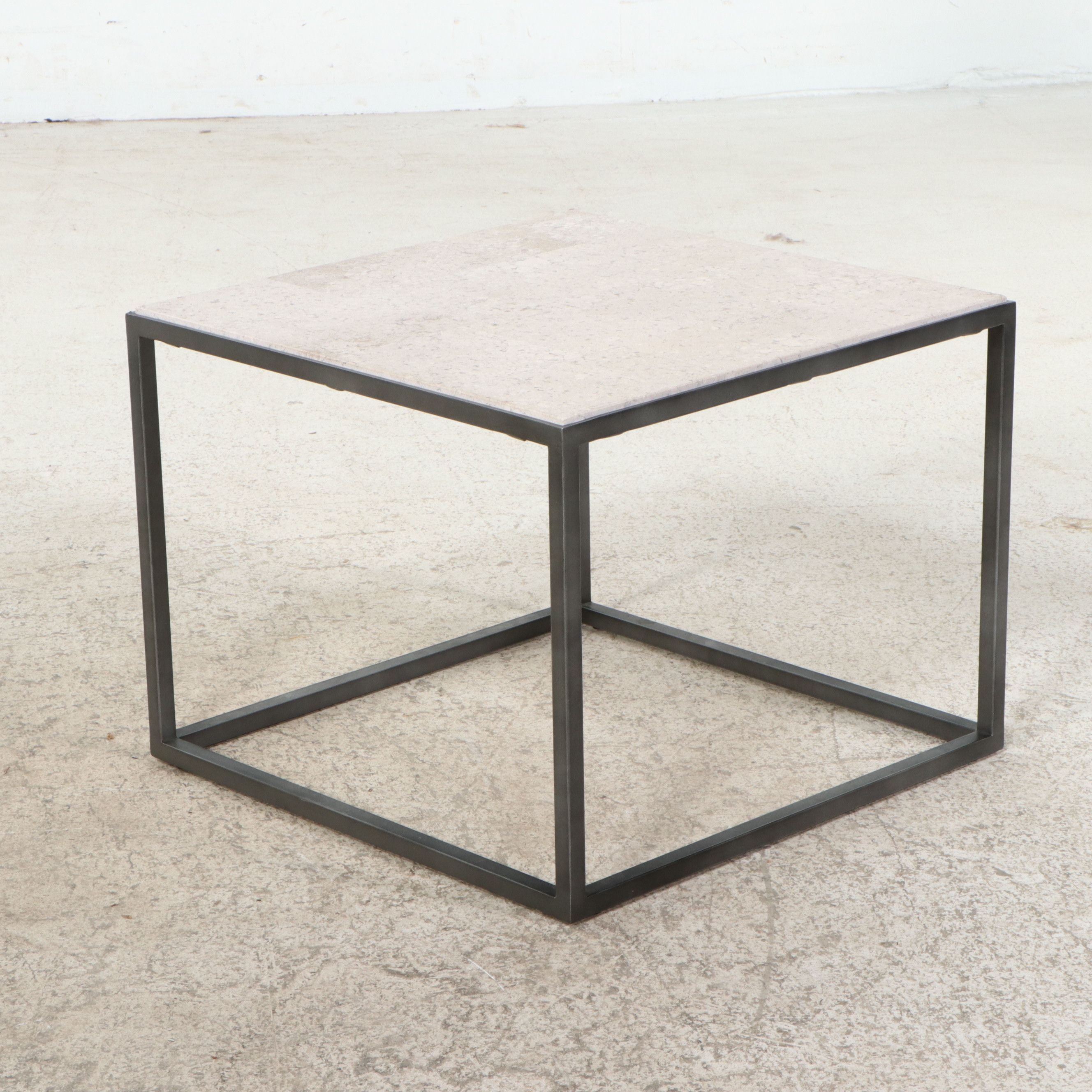 Contemporary Patinated Steel Coffee Table & End Tables with Travertine Tops